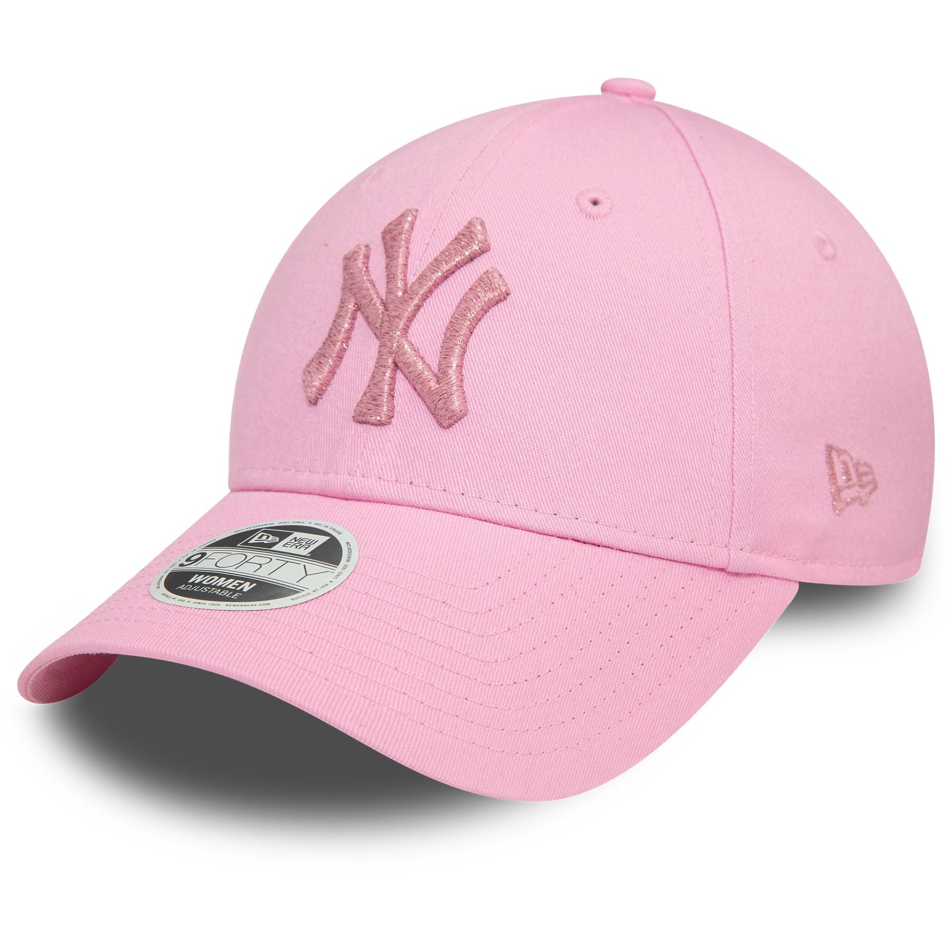 This is a New York Yankees Womens Metallic Logo Pastel Pink 9FORTY Adjustable Cap 1