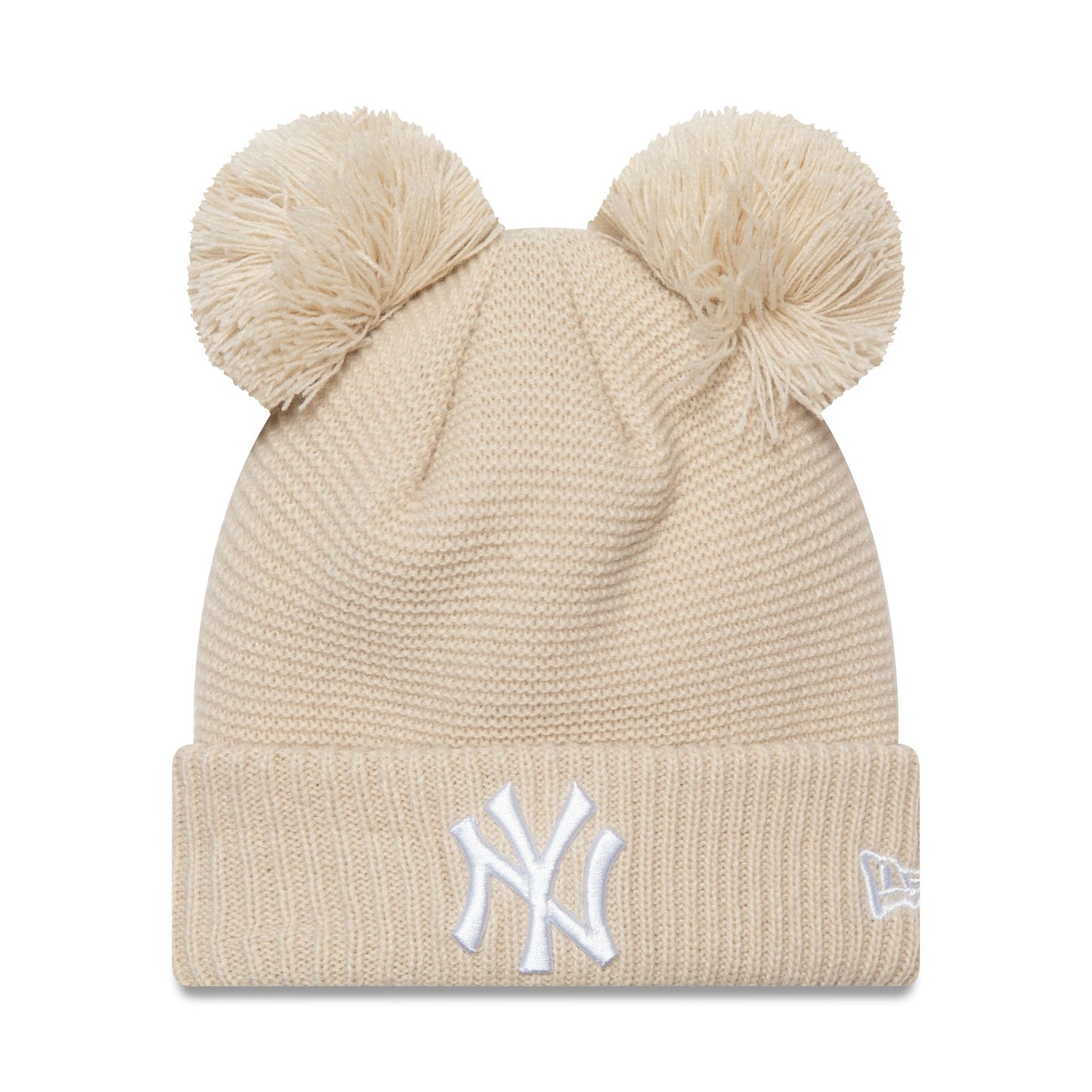 This is a New York Yankees Womens Light Beige Double Bobble Knit Beanie Hat 1