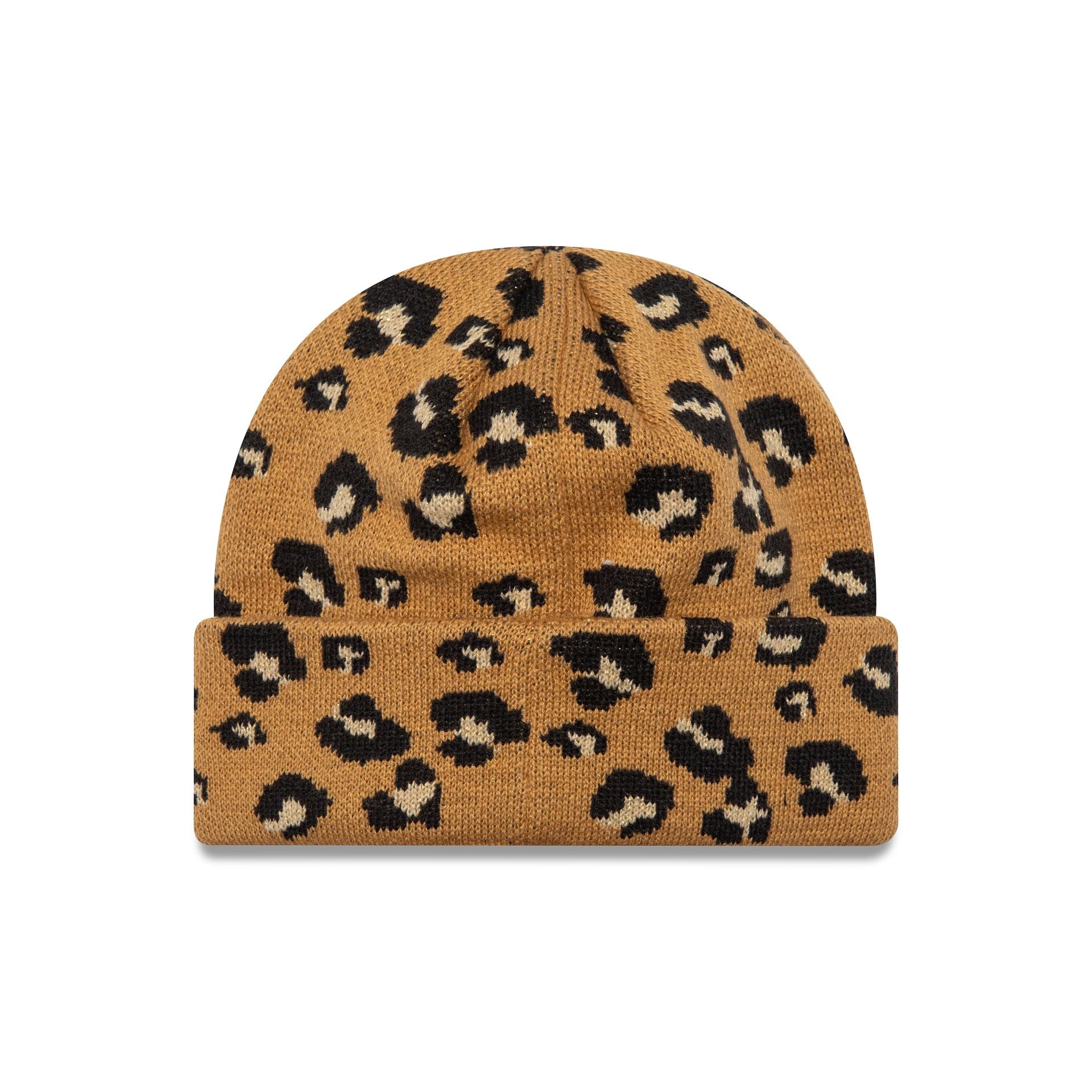 This is a New Era Womens Leopard Light Beige Wide Cuff Knit Beanie Hat 1