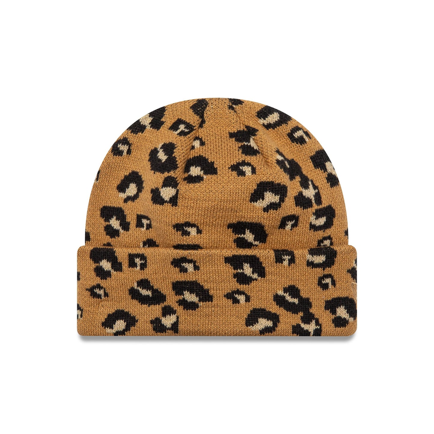 This is a New Era Womens Leopard Light Beige Wide Cuff Knit Beanie Hat 2