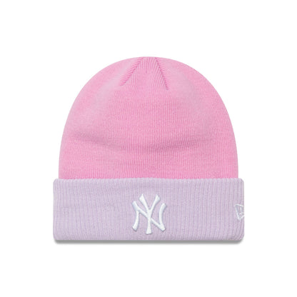 This is a New York Yankees Youth Colour Block Pastel Pink Cuff Knit Beanie Hat 1