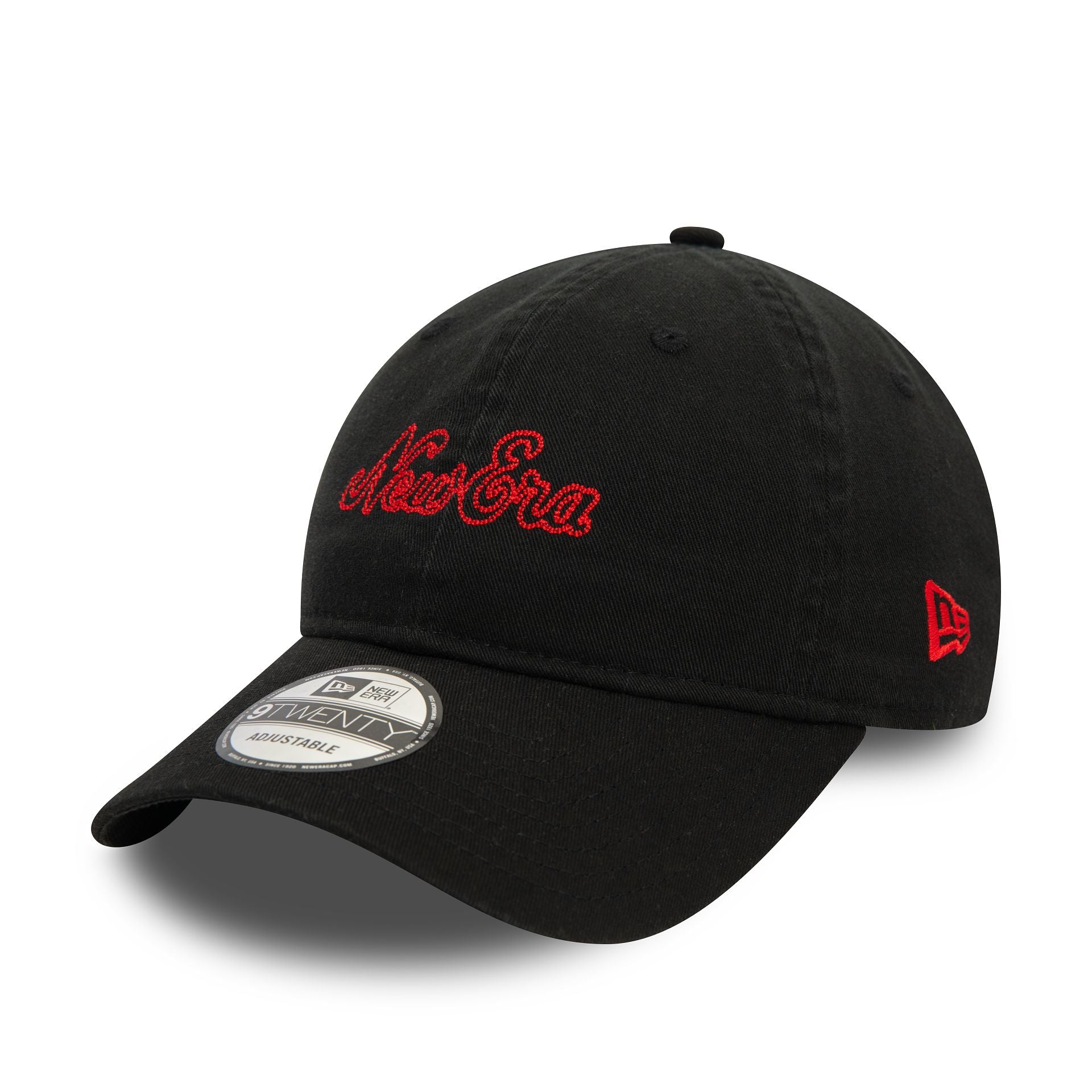 This is a New Era Heritage Script Black 9TWENTY Adjustable Cap 1