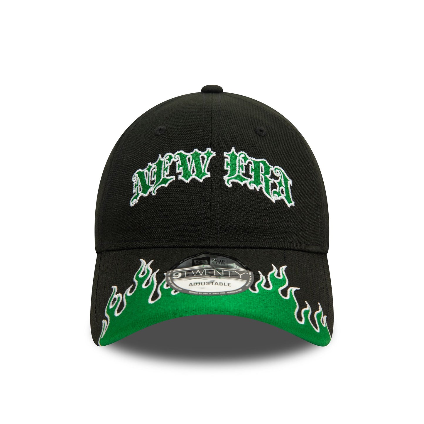 This is a New Era Race Black and Green Flame 9TWENTY Adjustable Cap 2