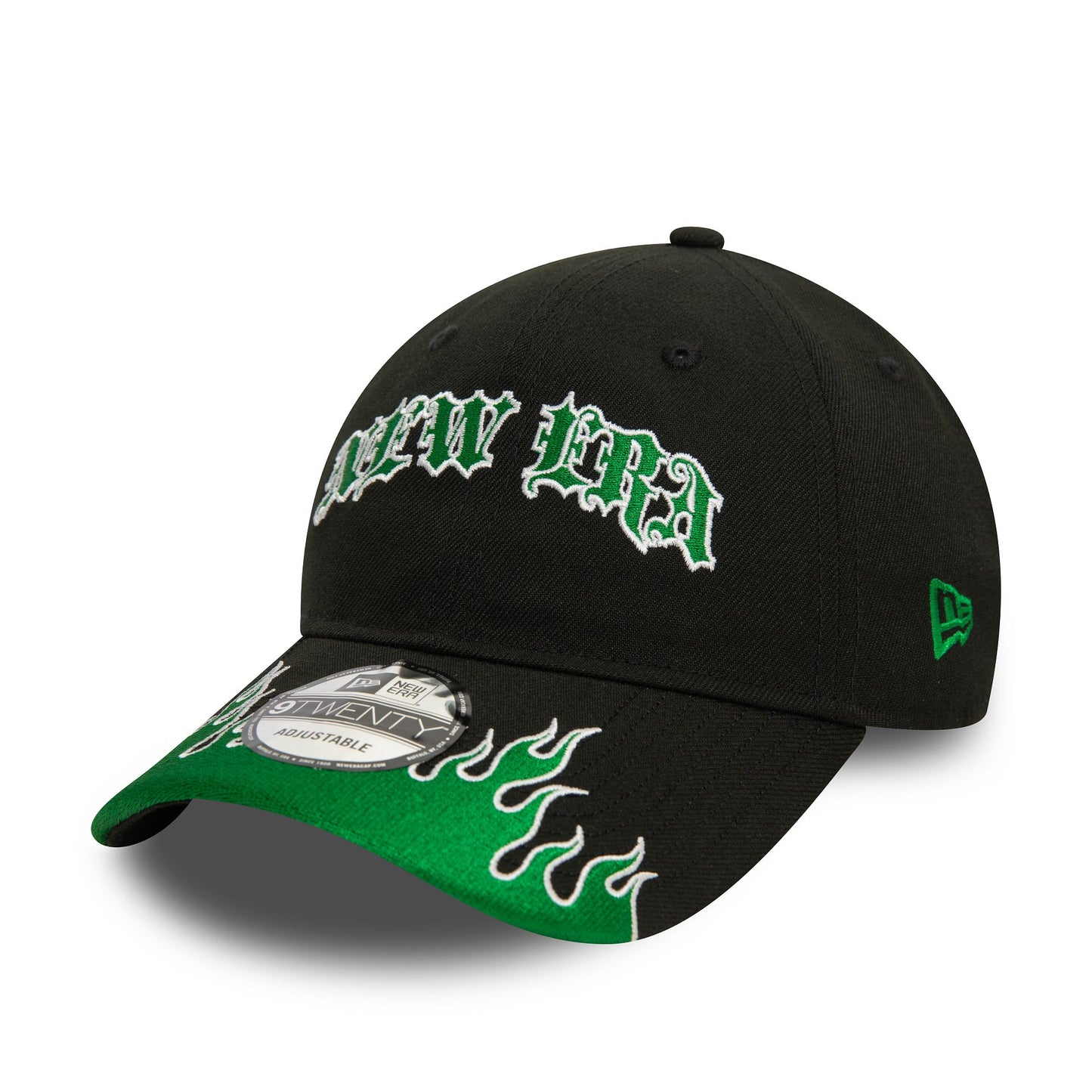 This is a New Era Race Black and Green Flame 9TWENTY Adjustable Cap 1