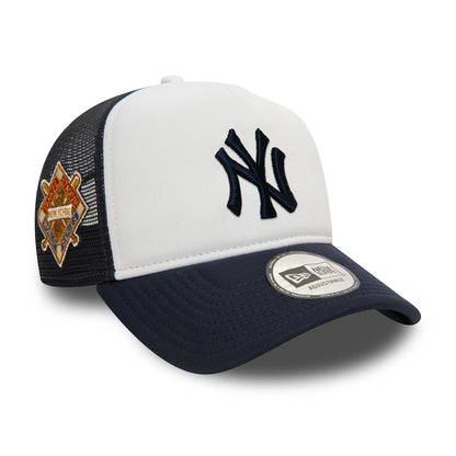 This is a New York Yankees World Series Navy 9FORTY E-Frame Adjustable Trucker Cap 1