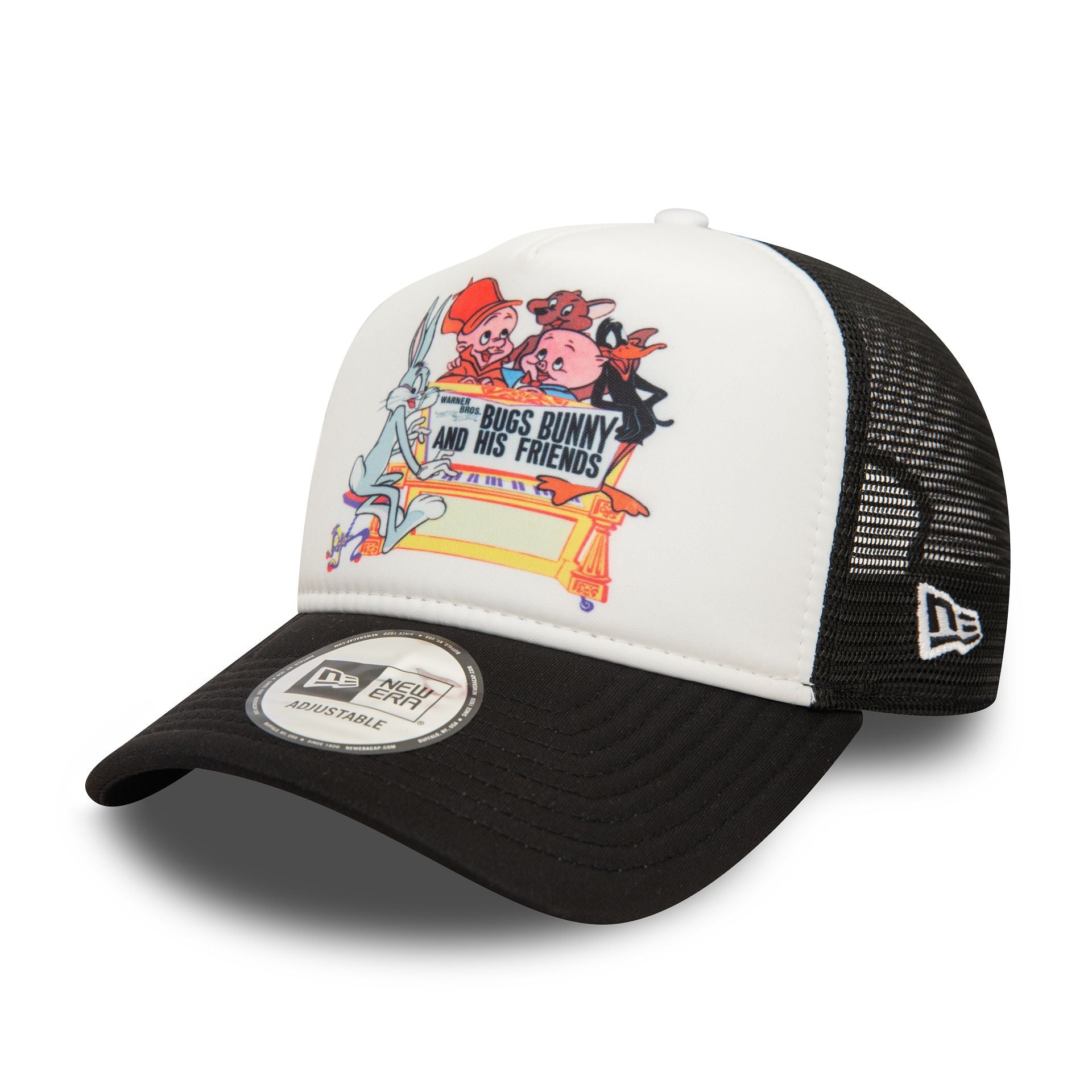 This is a Multi Character Bugs Bunny And Friends Black 9FORTY E-Frame Adjustable Trucker Cap 1