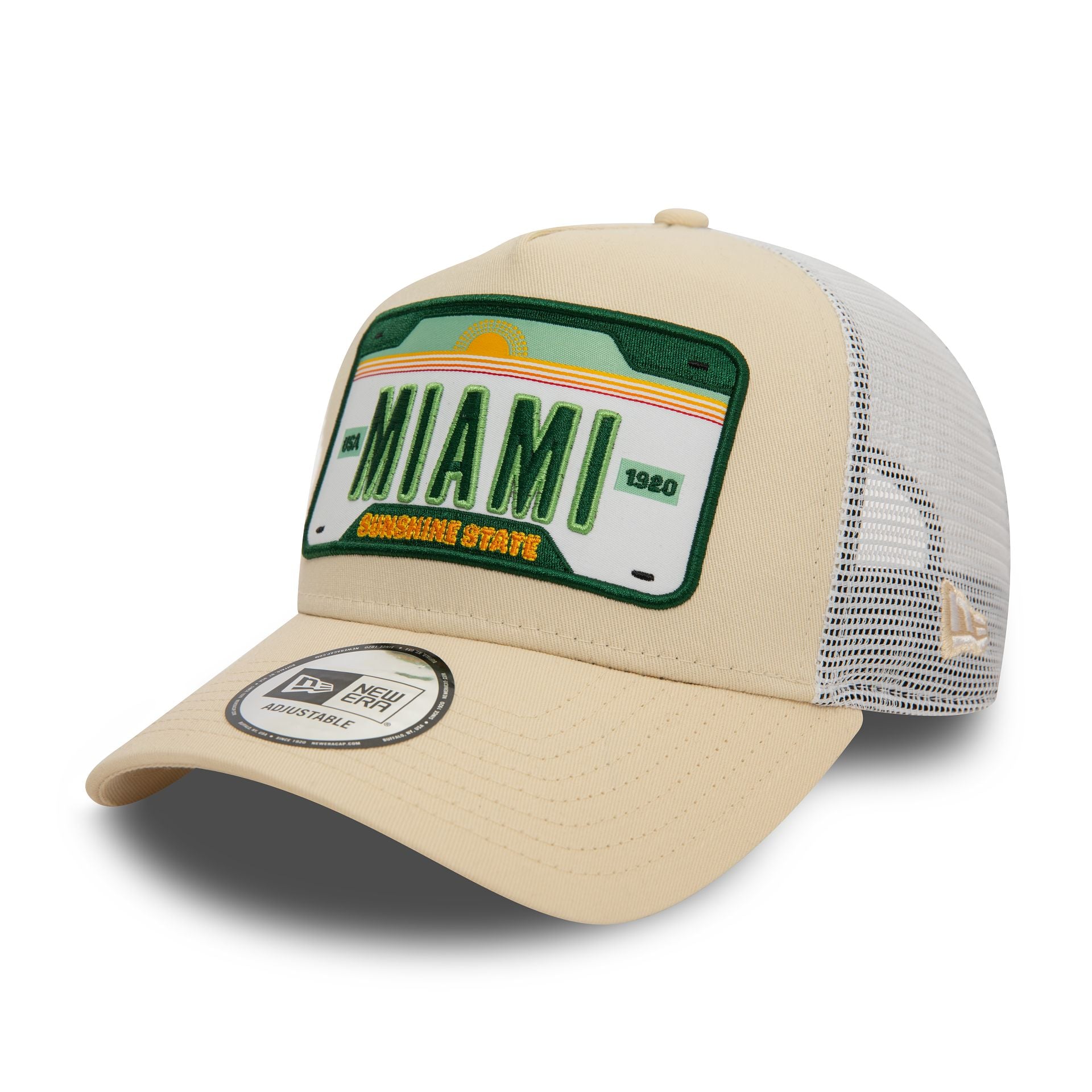 This is a New Era Miami Patch Light Beige 9FORTY A-Frame Adjustable Trucker Cap 1