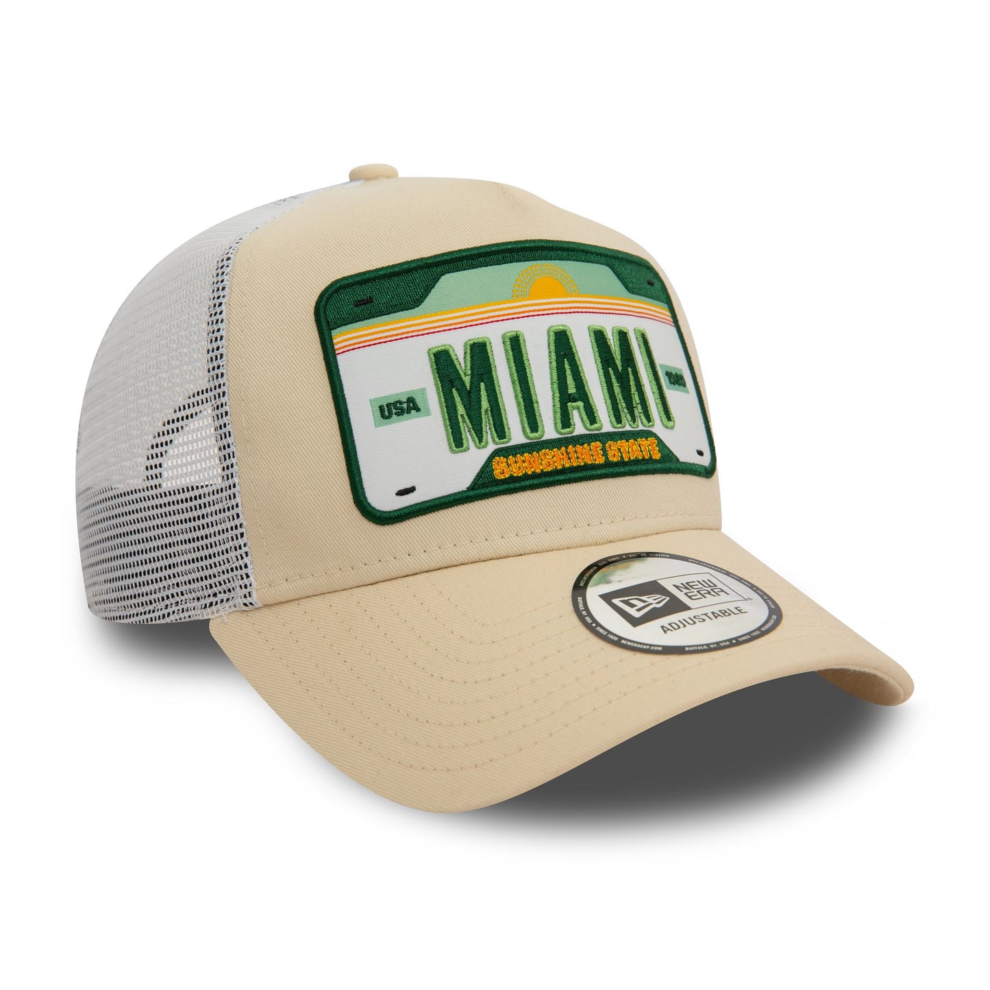 This is a New Era Miami Patch Light Beige 9FORTY A-Frame Adjustable Trucker Cap 3