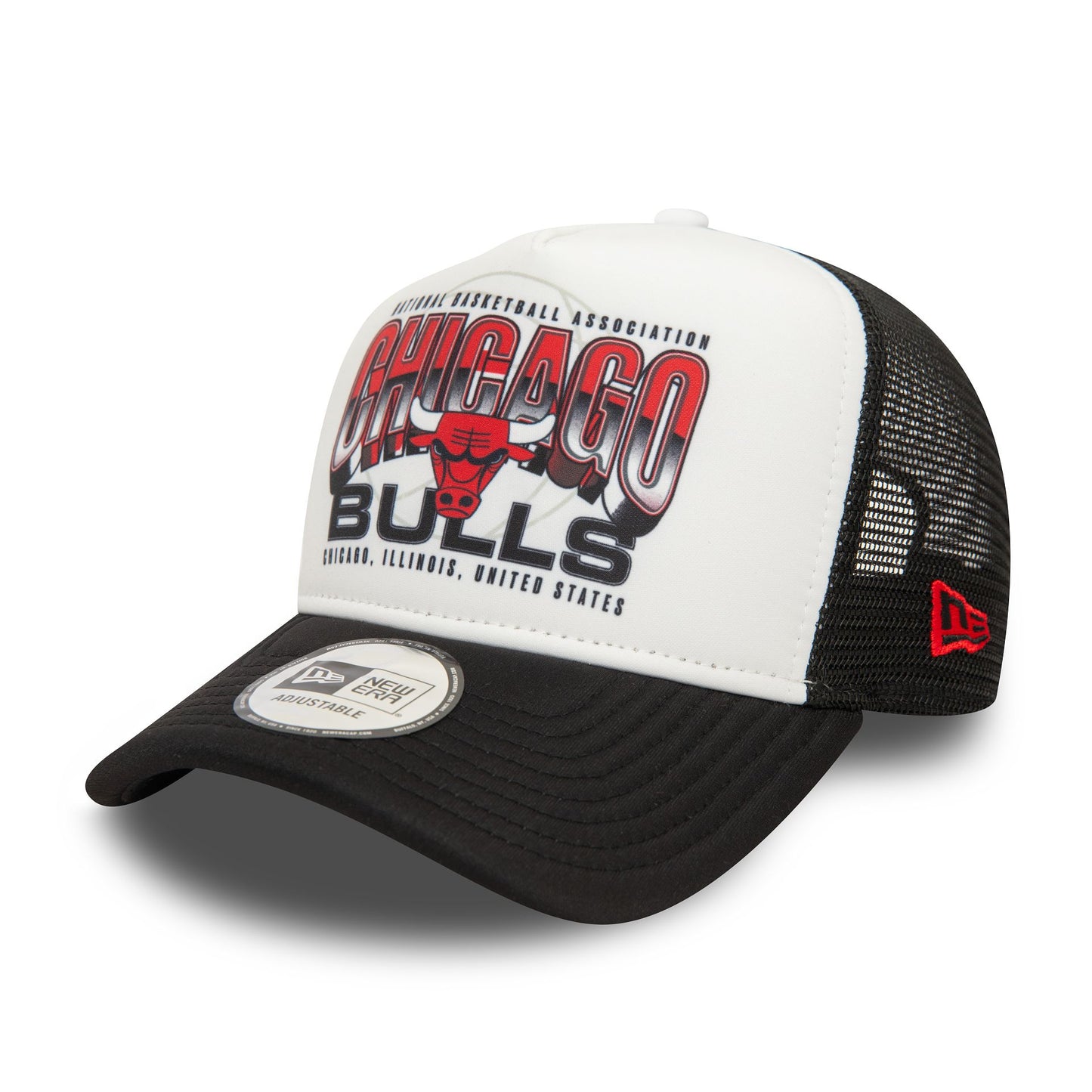 This is a Chicago Bulls NBA Team Colour Black 9FORTY E-Frame Adjustable Trucker Cap 1