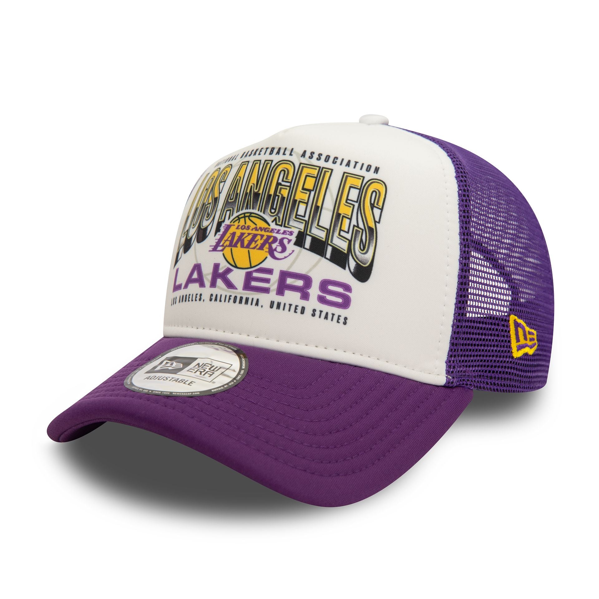 This is a LA Lakers NBA Team Colour Purple 9FORTY E-Frame Adjustable Trucker Cap 1