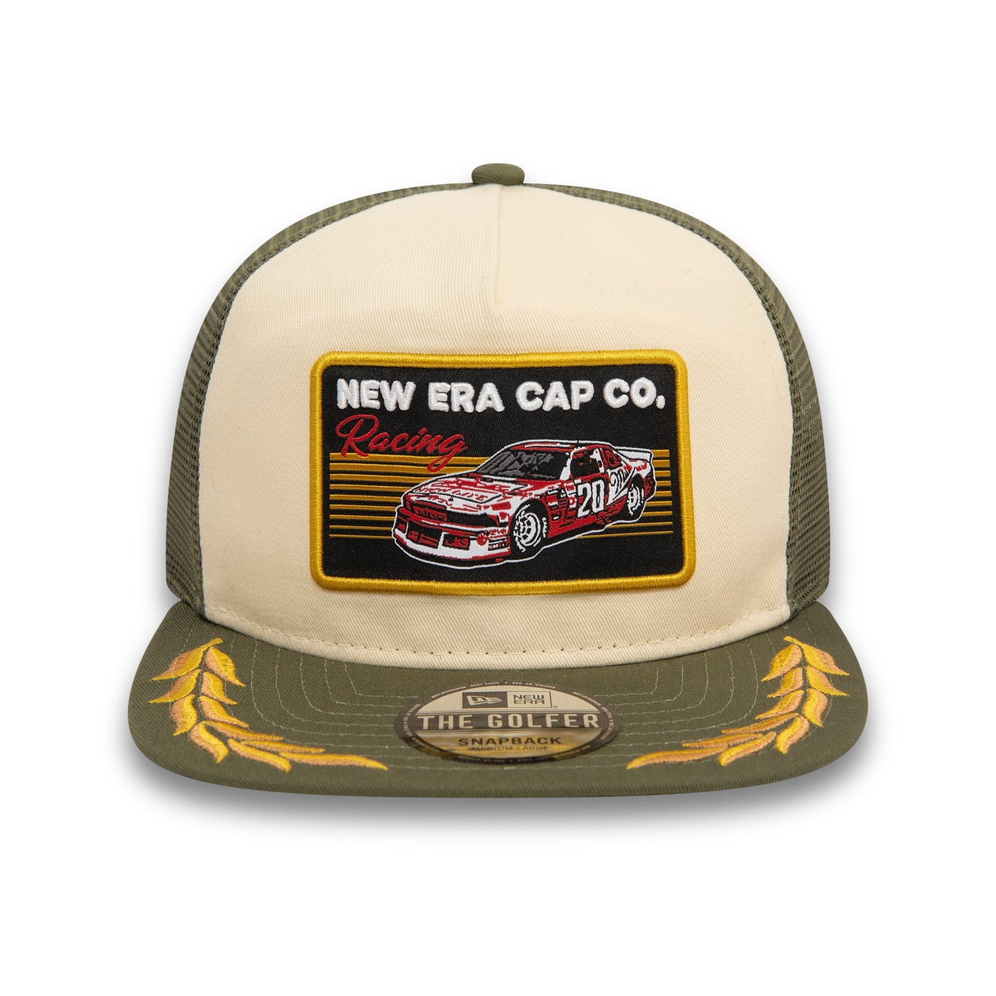 This is a New Era Motorsport Green Golfer Cap 2