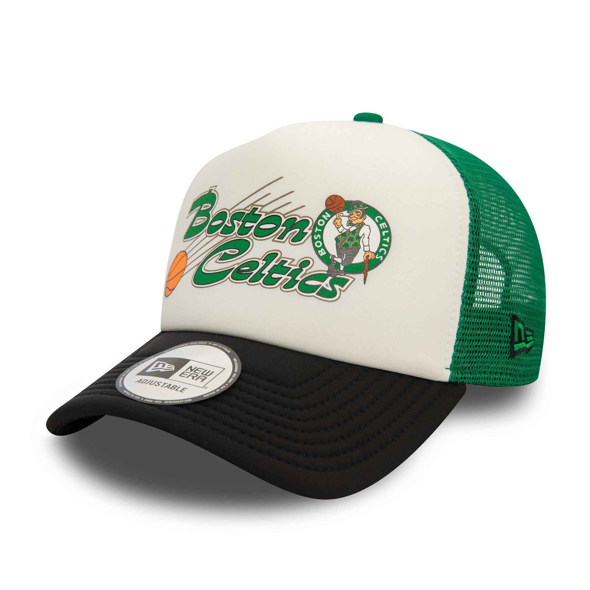 This is a Boston Celtics NBA Graphic Green 9FORTY E-Frame Adjustable Trucker Cap 1