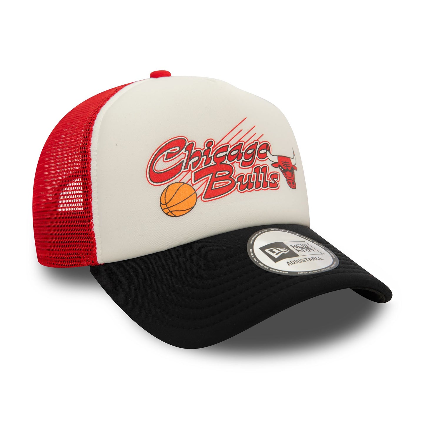 This is a Chicago Bulls NBA Graphic Red 9FORTY E-Frame Adjustable Trucker Cap 4