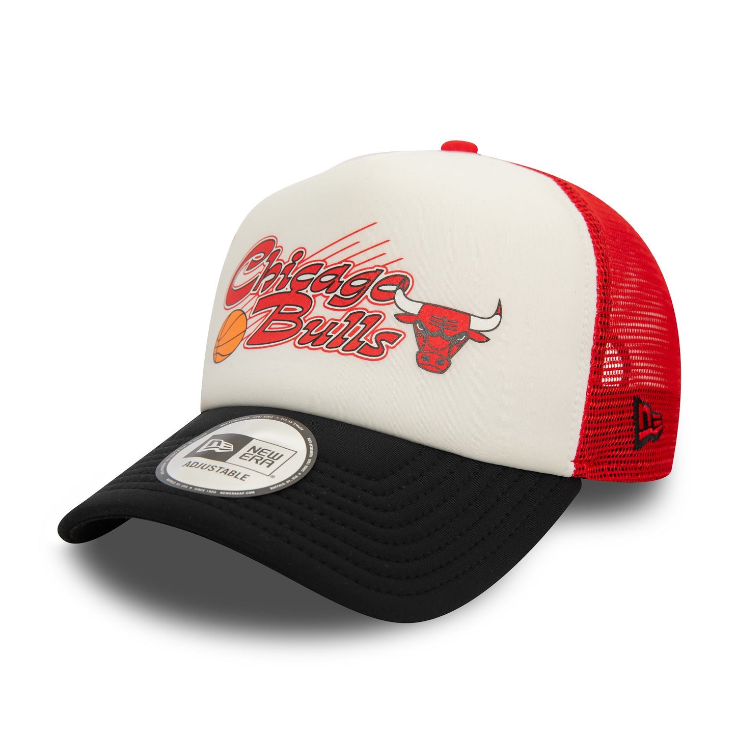 This is a Chicago Bulls NBA Graphic Red 9FORTY E-Frame Adjustable Trucker Cap 1