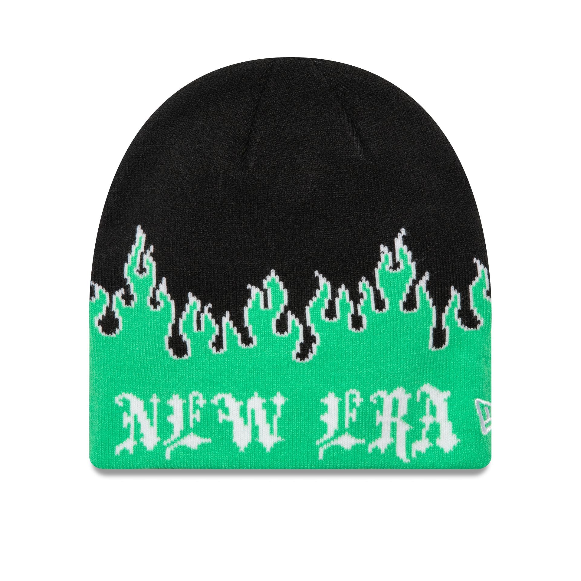 This is a New Era Flame Green Skull Knit Beanie Hat 1