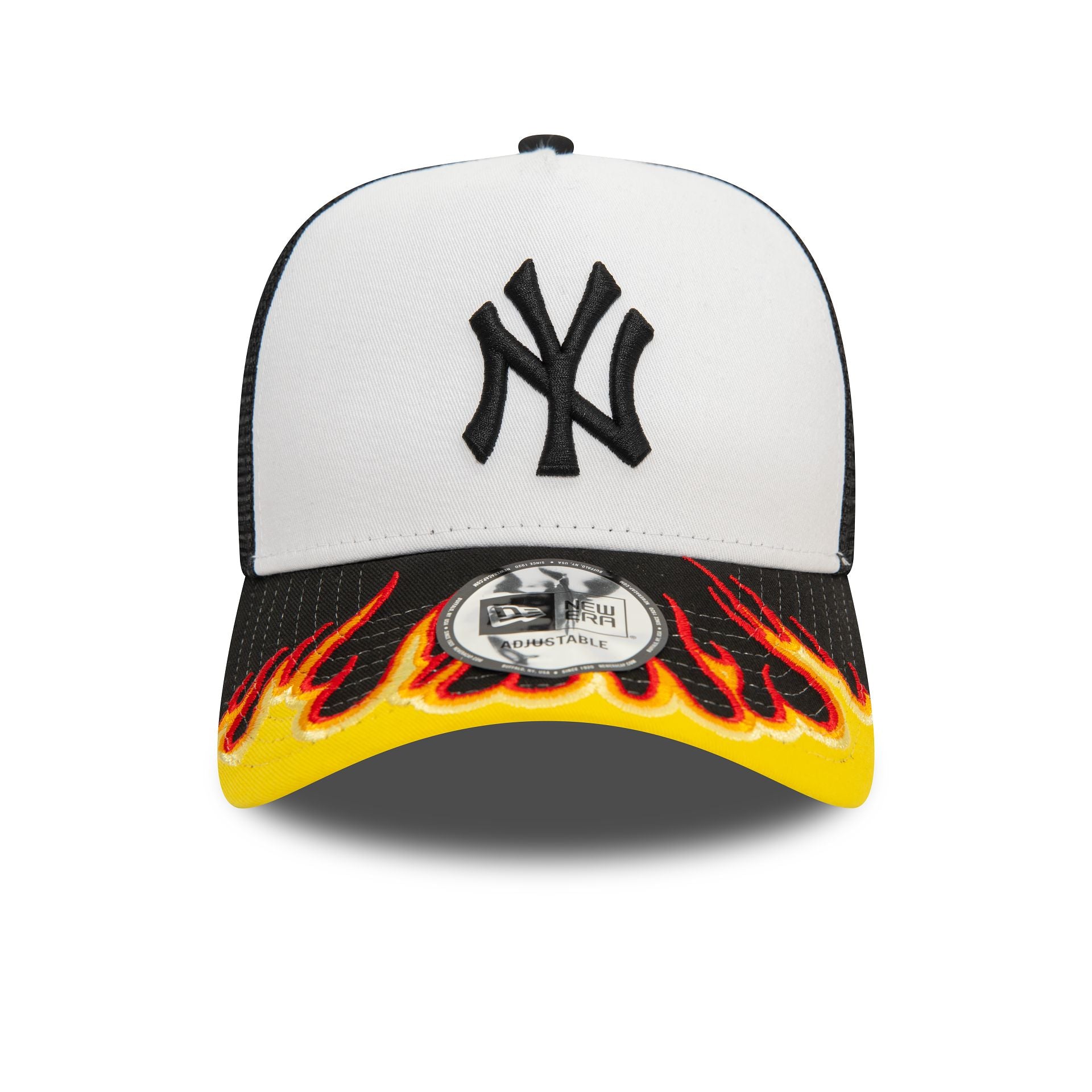 This is a New York Yankees MLB Flame Black 9FORTY E-Frame Adjustable Trucker Cap 5