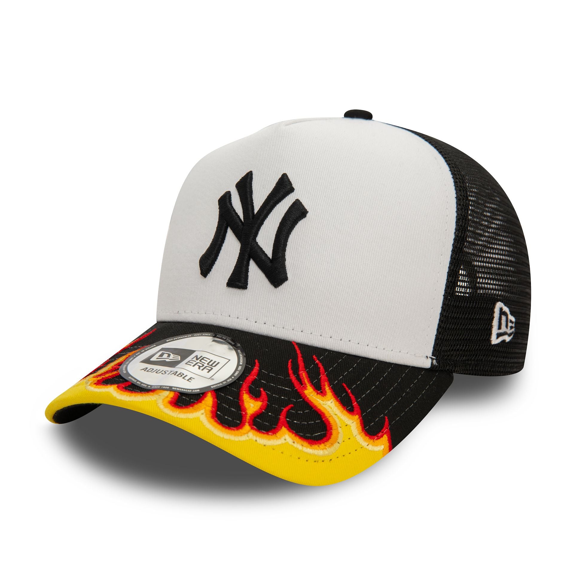 This is a New York Yankees MLB Flame Black 9FORTY E-Frame Adjustable Trucker Cap 1