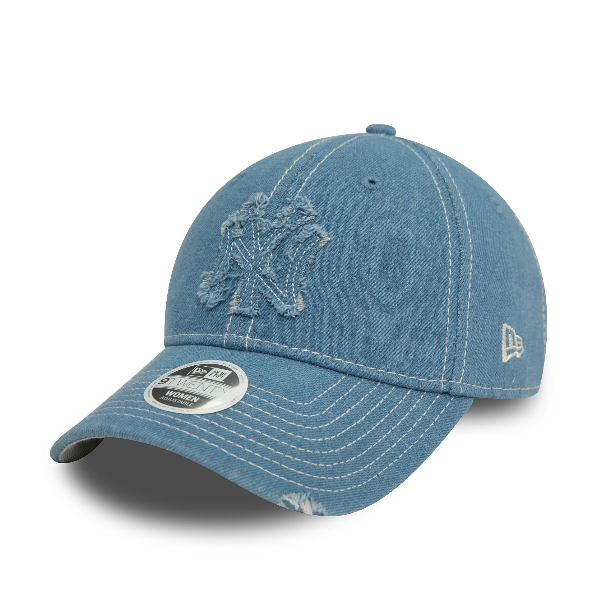 This is a New York Yankees Womens Denim Distressed Pastel Blue 9TWENTY Adjustable Cap 1