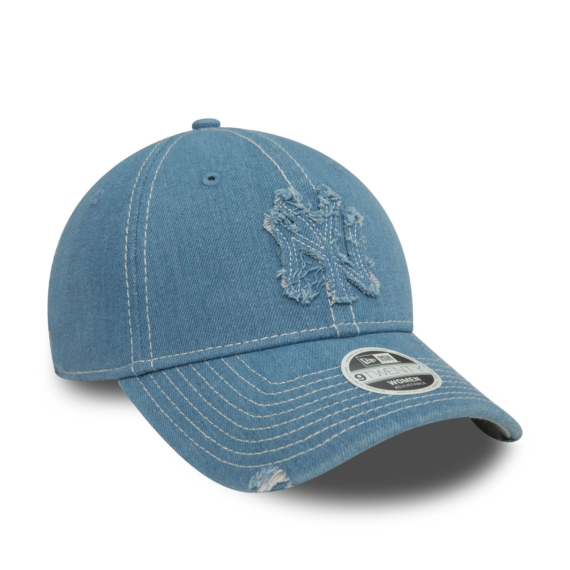 This is a New York Yankees Womens Denim Distressed Pastel Blue 9TWENTY Adjustable Cap 3