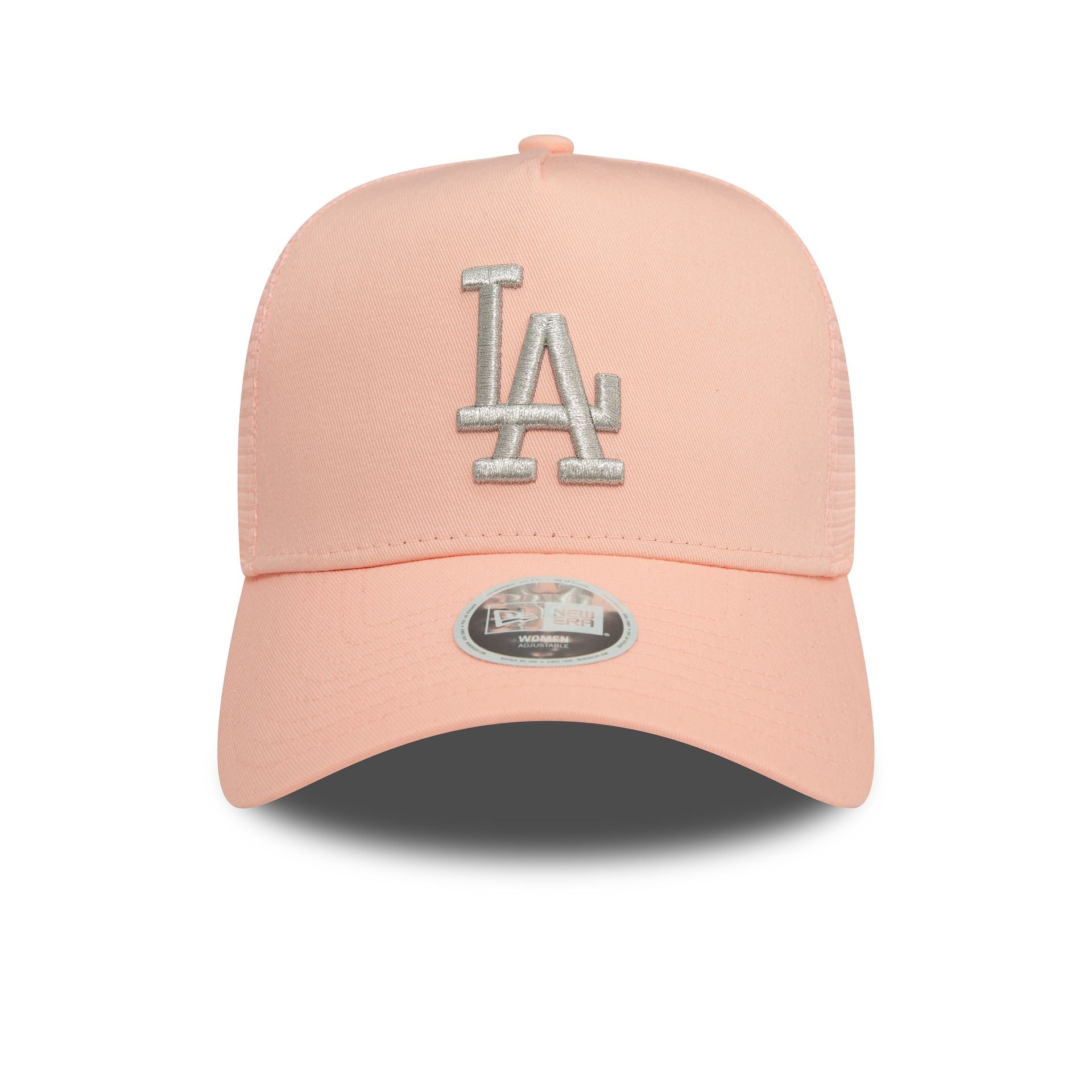 This is a LA Dodgers Womens Metallic Pastel Pink 9FORTY E-Frame Adjustable Trucker Cap 3