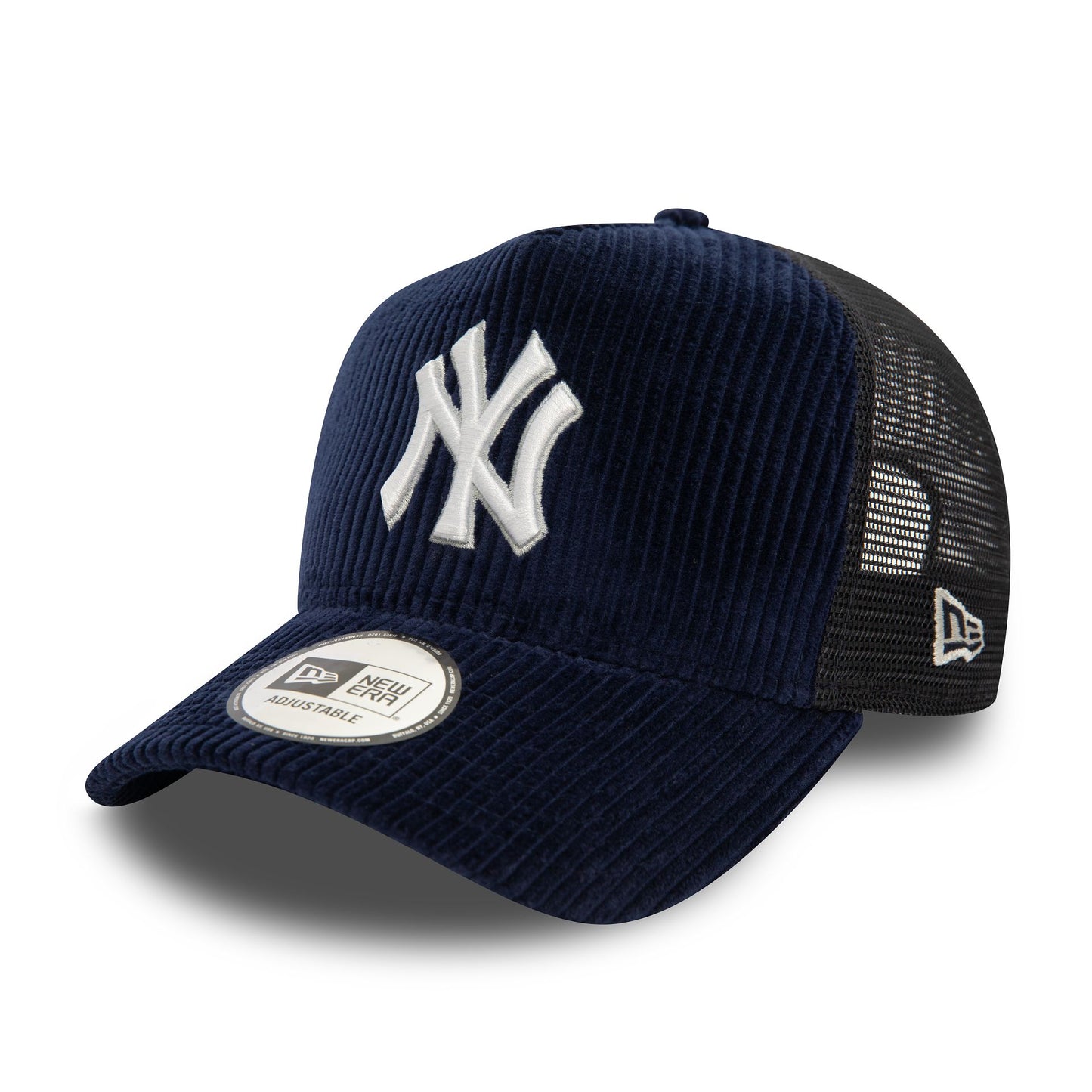 This is a New York Yankees MLB Cord Navy 9FORTY E-Frame Adjustable Trucker Cap 1