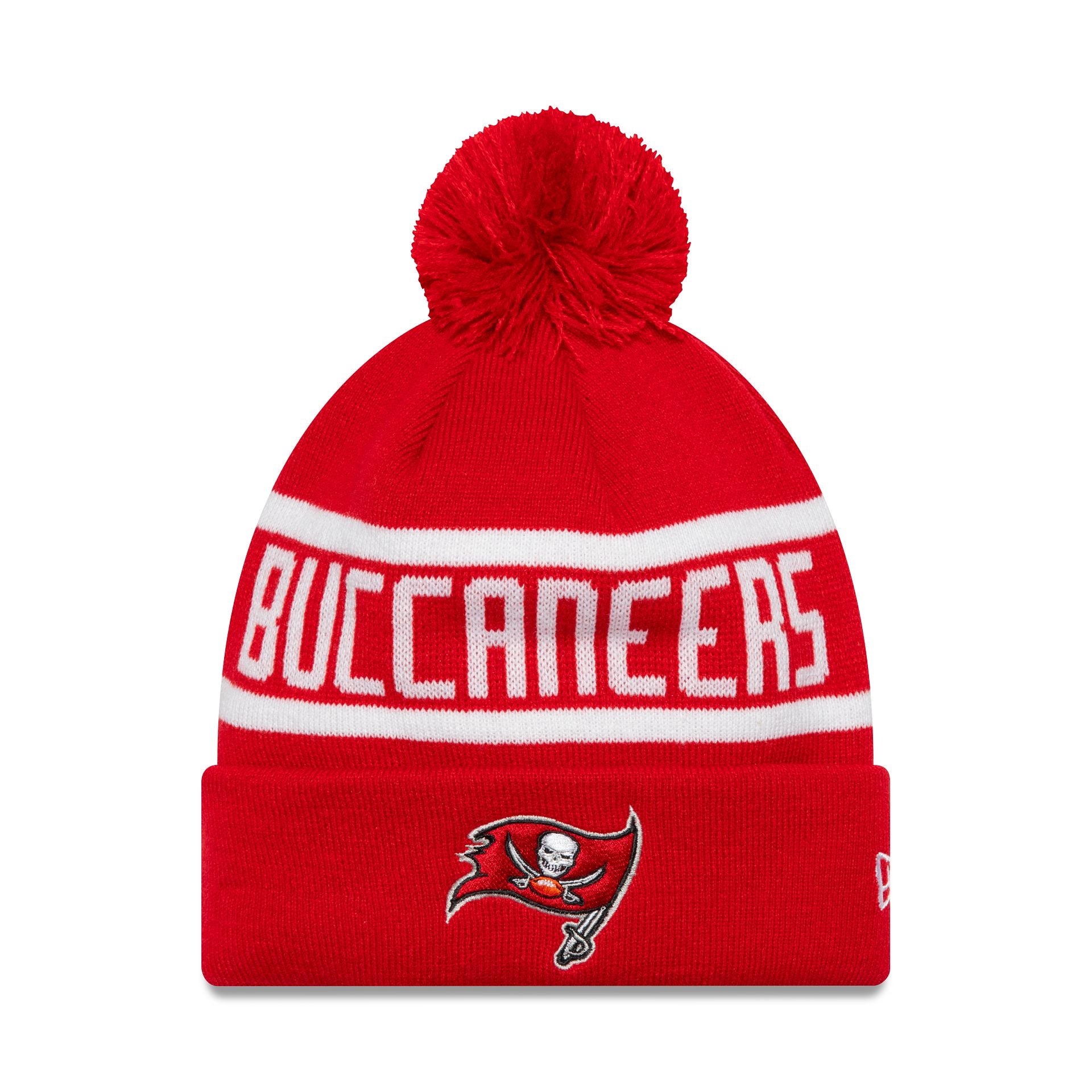 This is a Tampa Bay Buccaneers Official Team Colour NFL Red Jake Knit Beanie Hat 1