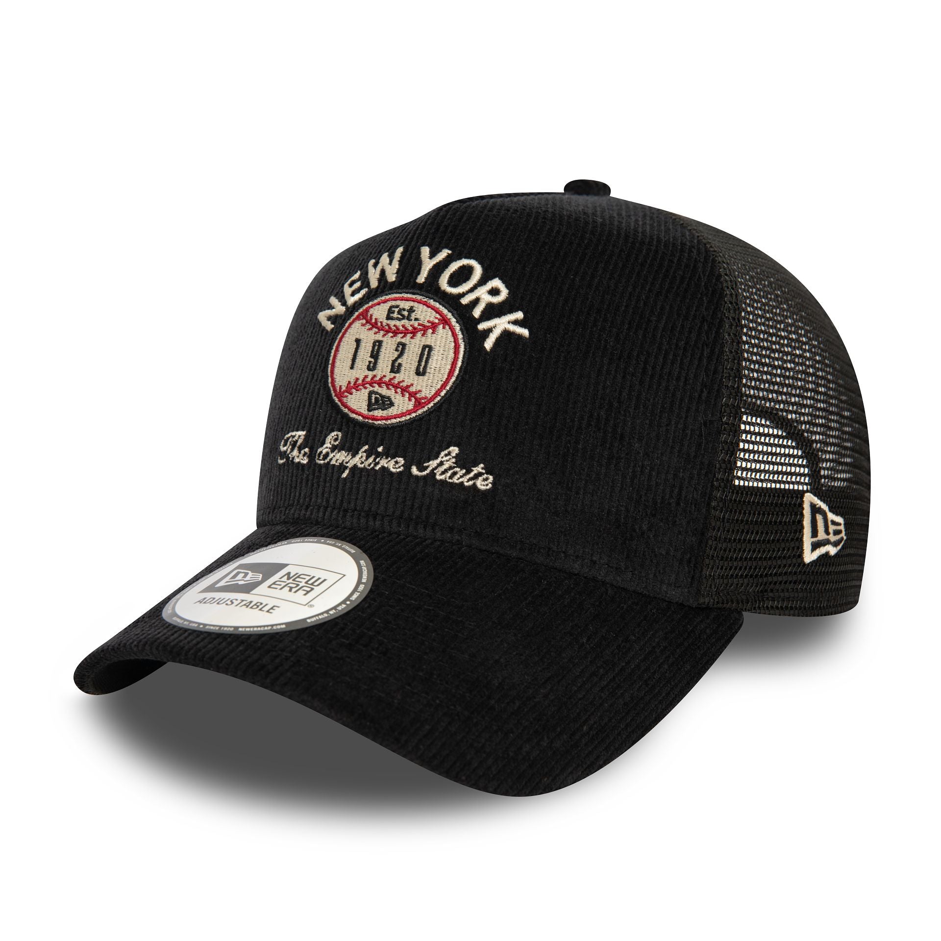 This is a New Era Cord Graphic Black 9FORTY A-Frame Trucker Cap 1