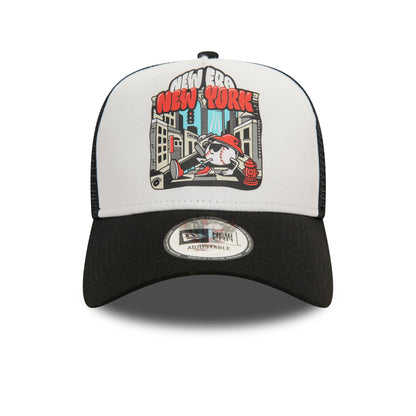 This is a New Era New York Graphic Print Black 9FORTY E-Frame Adjustable Trucker Cap 3