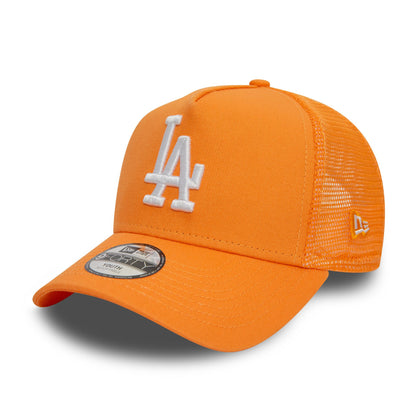 This is a LA Dodgers Youth League Essential Orange 9FORTY A-Frame Adjustable Trucker Cap 1