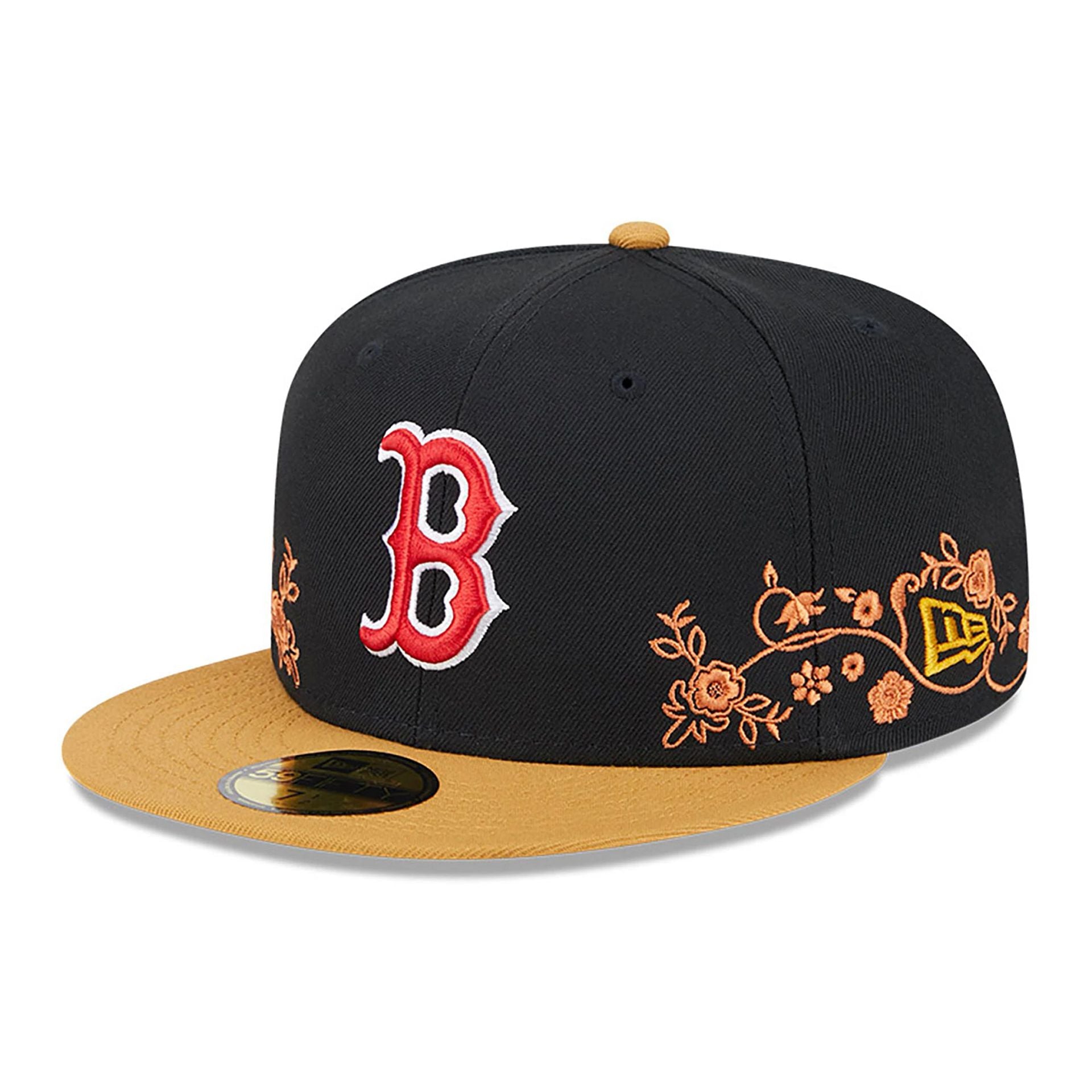 This is a Boston Red Sox Floral Vine Black 59FIFTY Fitted Cap 1