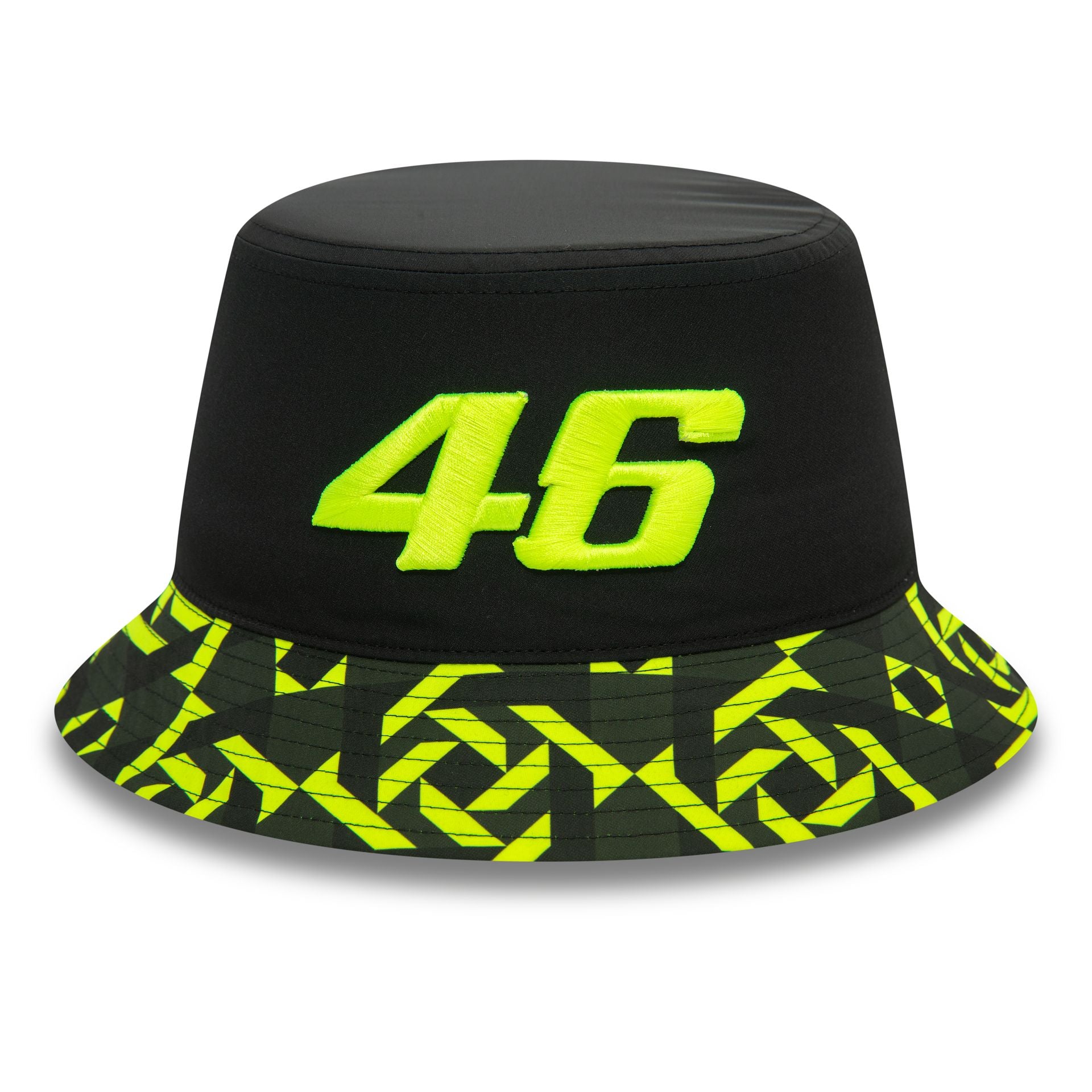 This is a VR46 Geo Print Black Bucket Hat 1