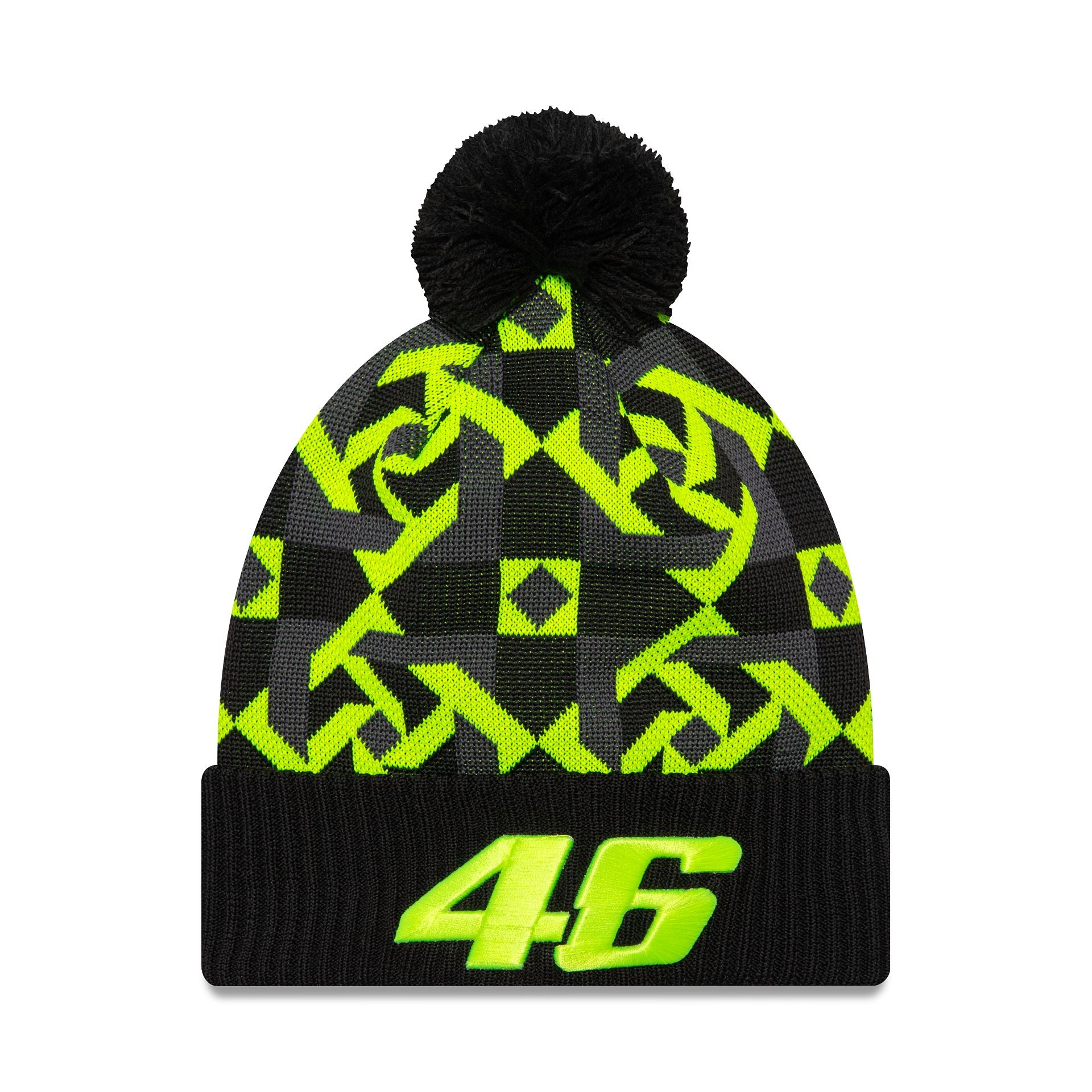 This is a VR46 Geo Black Bobble Knit Beanie Hat 1