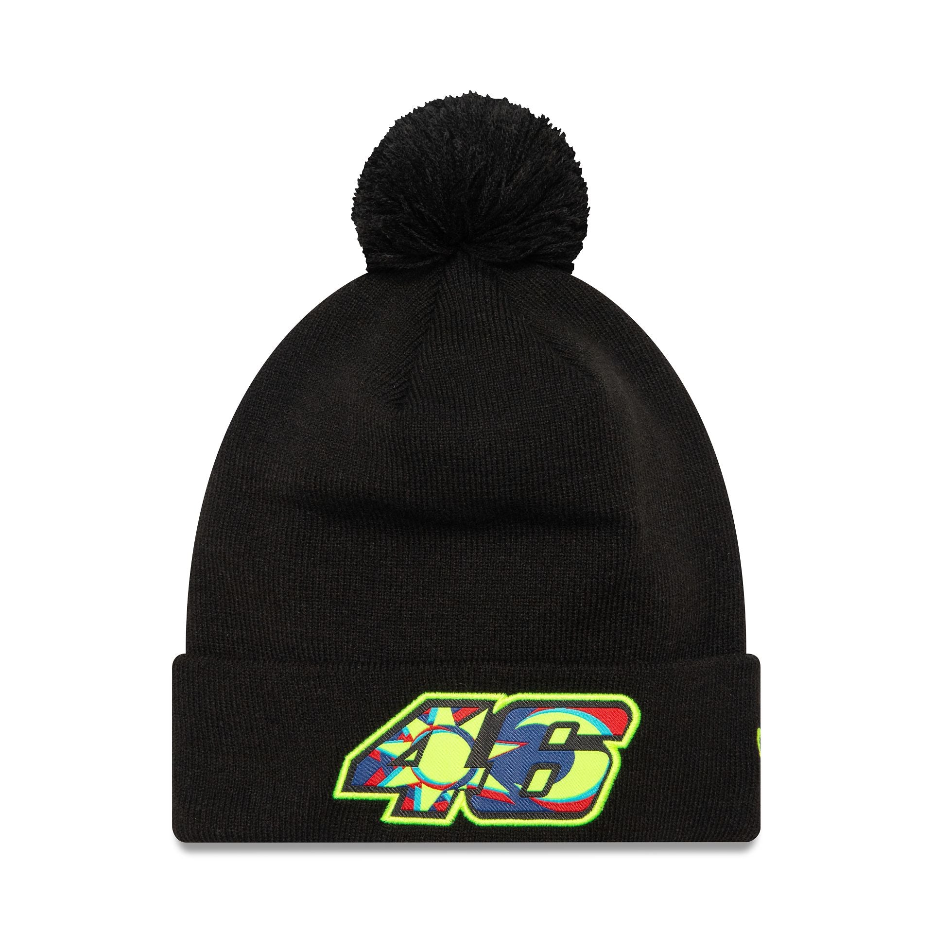 This is a VR46 Graphic Overlay Black Bobble Knit Beanie Hat 1