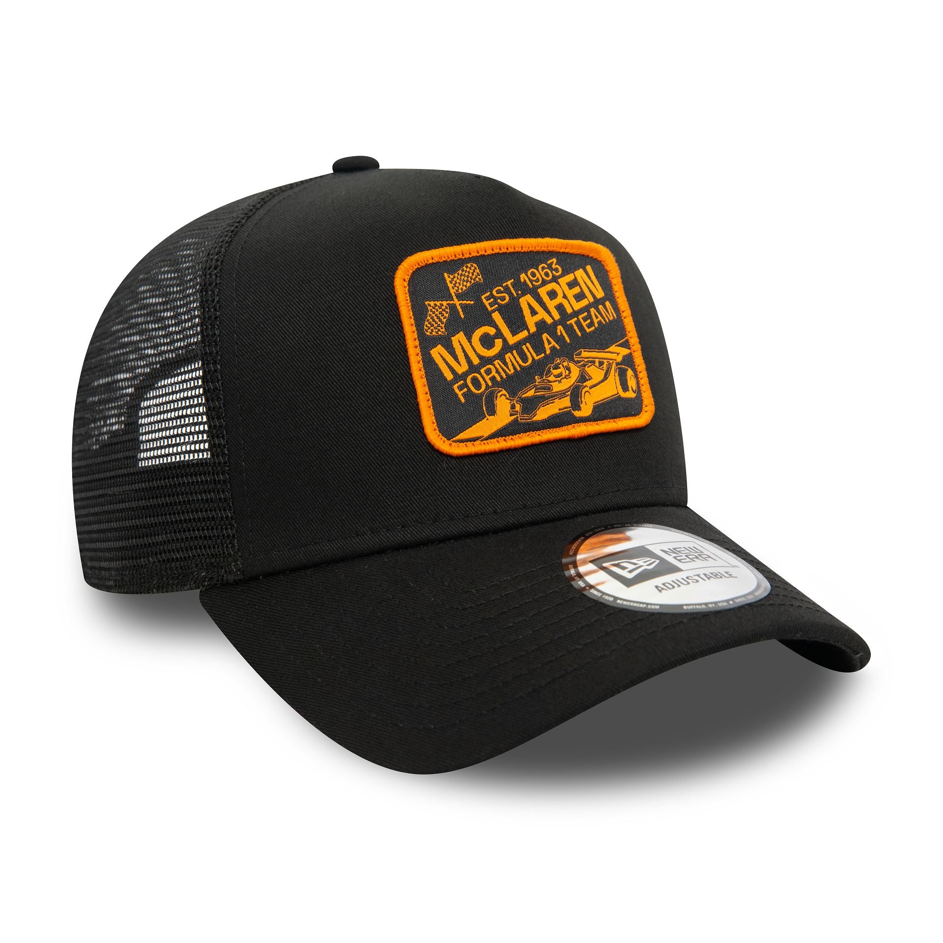 This is a McLaren Racing Graphic Patch Black 9FORTY E-Frame Adjustable Trucker Cap 4