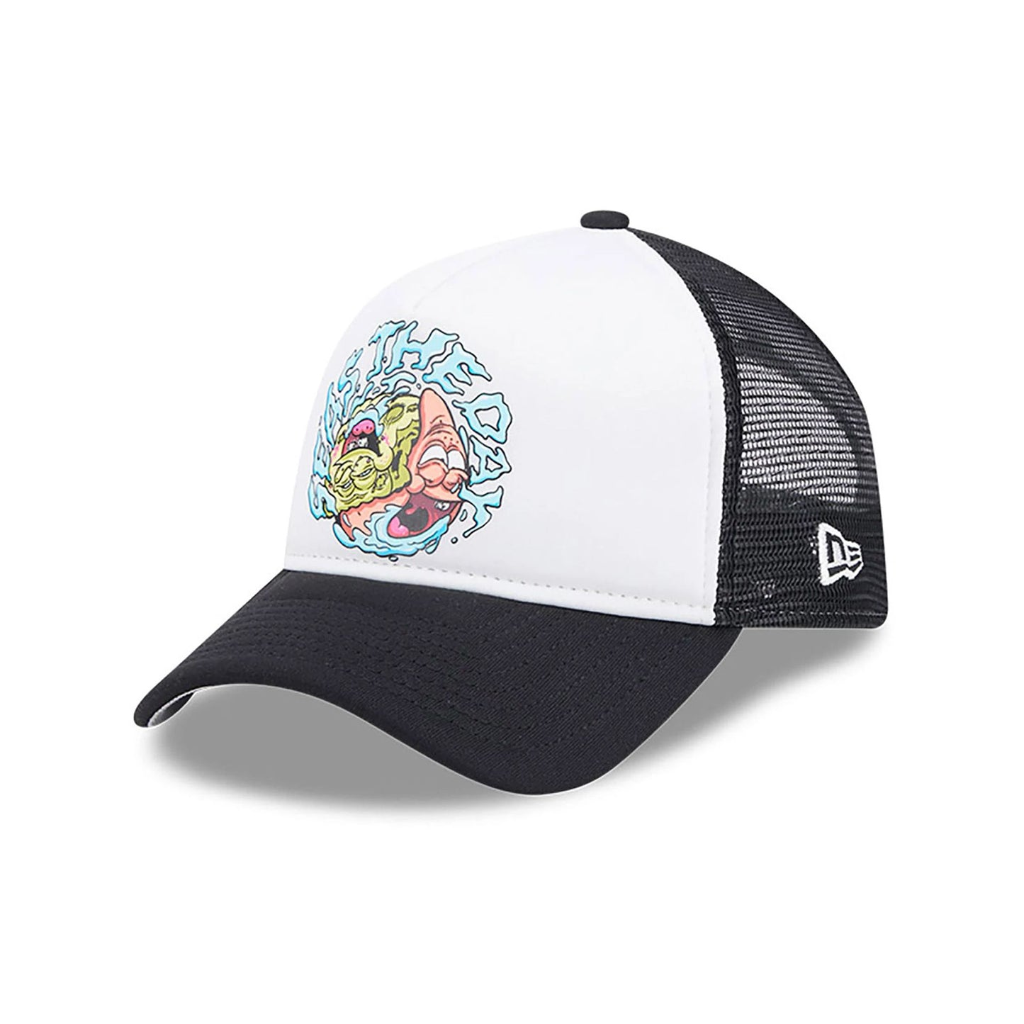 This is a Spongebob Squarepants Seas The Day Black 9FORTY A-Frame Trucker Cap 1