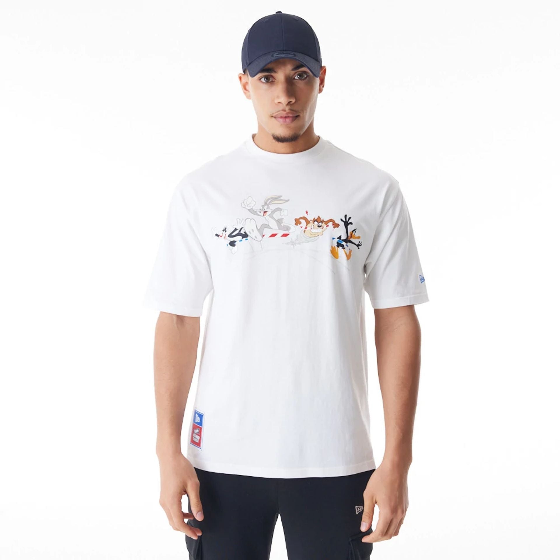 The Male model is wearing Multi Character Team Looney Tunes White Oversized T-Shirt 1