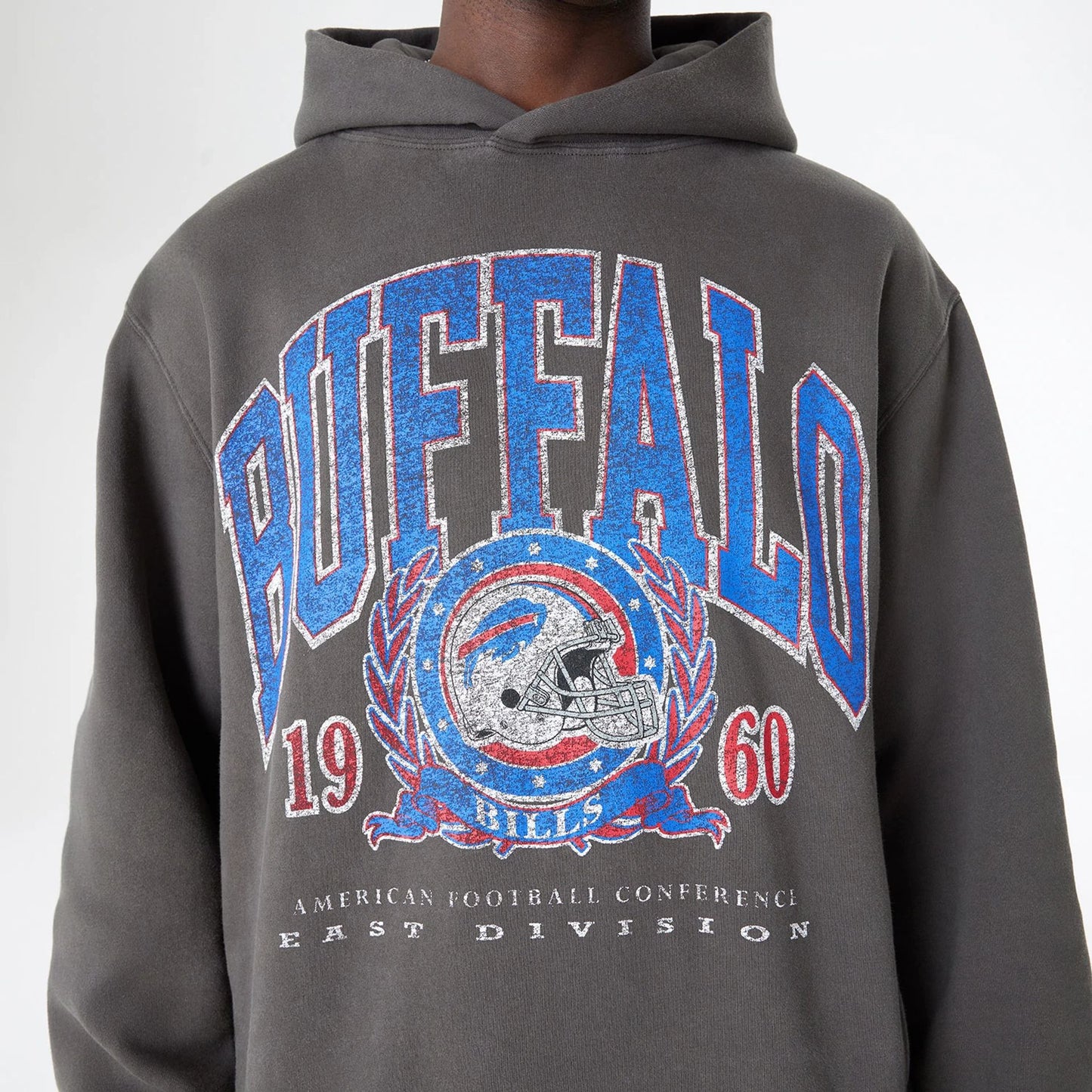 The Male model is wearing Buffalo Bills Oversized Essential Dark Grey Oversized Pullover Hoodie 3