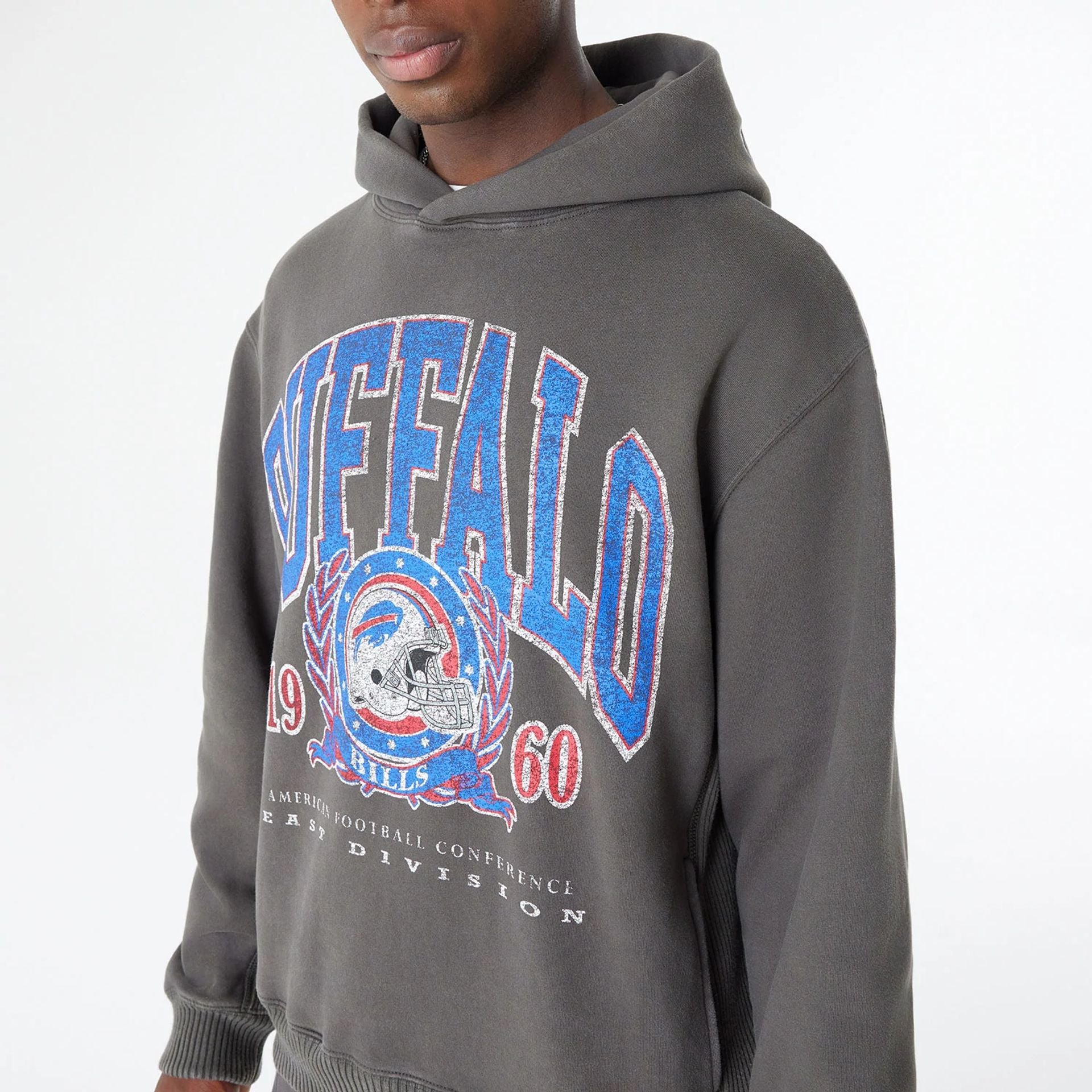 The Male model is wearing Buffalo Bills Oversized Essential Dark Grey Oversized Pullover Hoodie 5