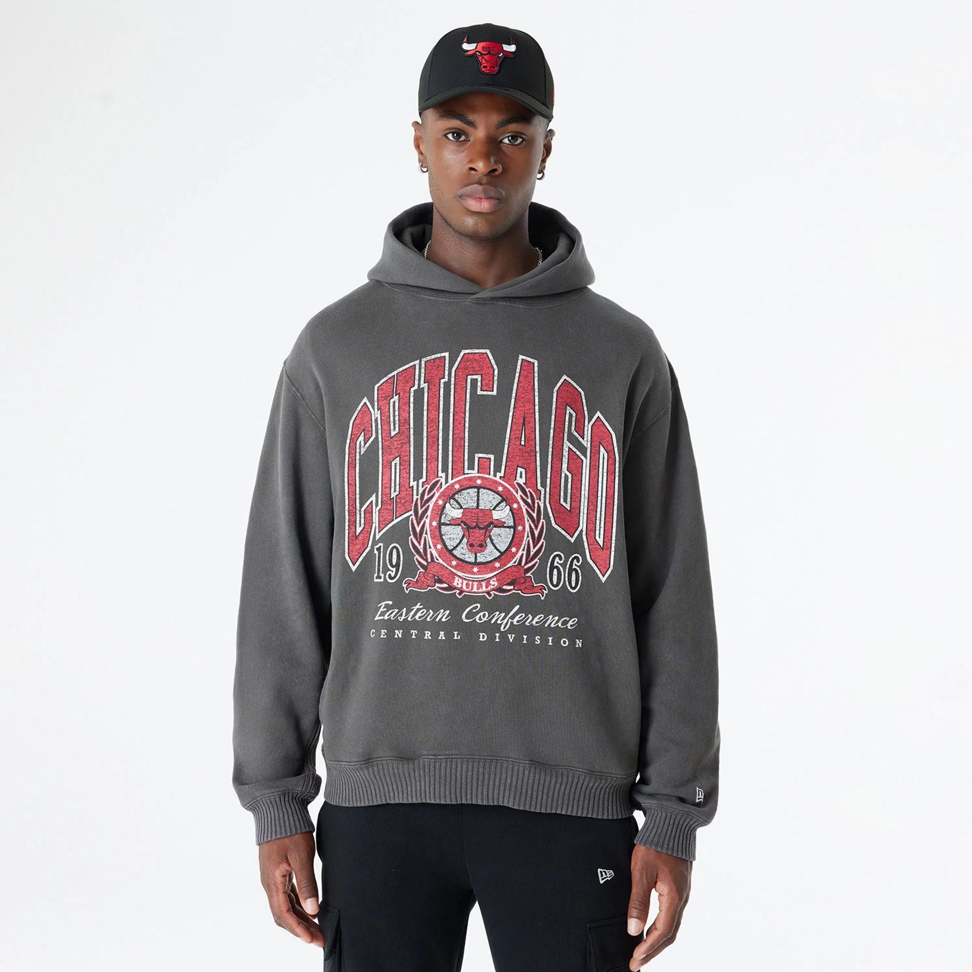 The Male model is wearing Chicago Bulls Oversized Essential Dark Grey Oversized Pullover Hoodie 1