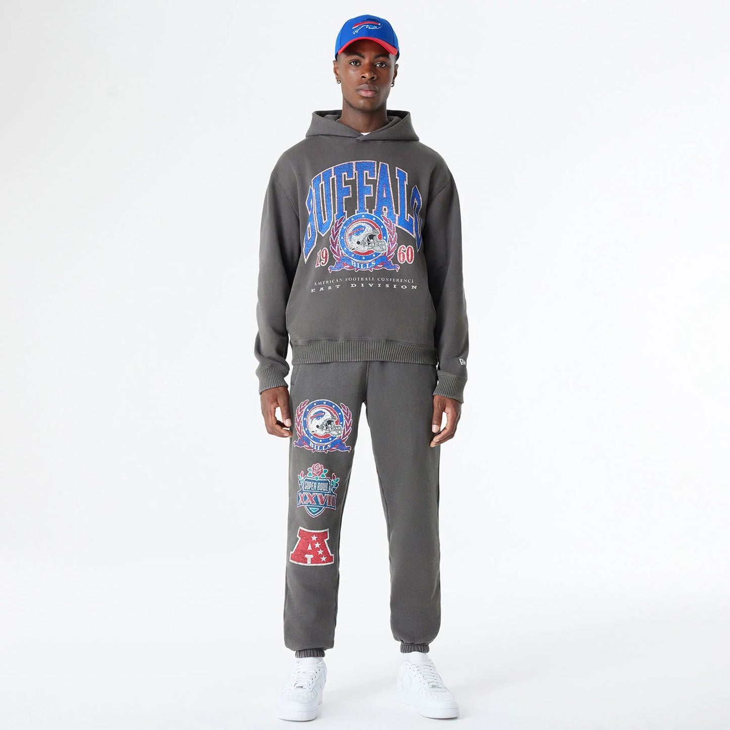 The Male model is wearing Buffalo Bills Oversized Essential Dark Grey Oversized Joggers 8