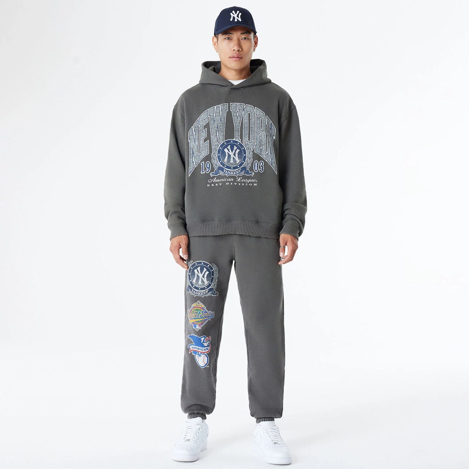 The Male model is wearing New York Yankees Oversized Essential Dark Grey Oversized Joggers 8