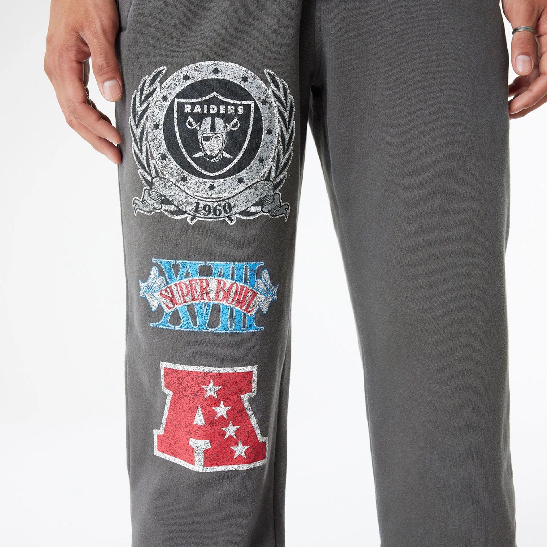 The Male model is wearing Las Vegas Raiders Oversized Essential Dark Grey Oversized Joggers 2