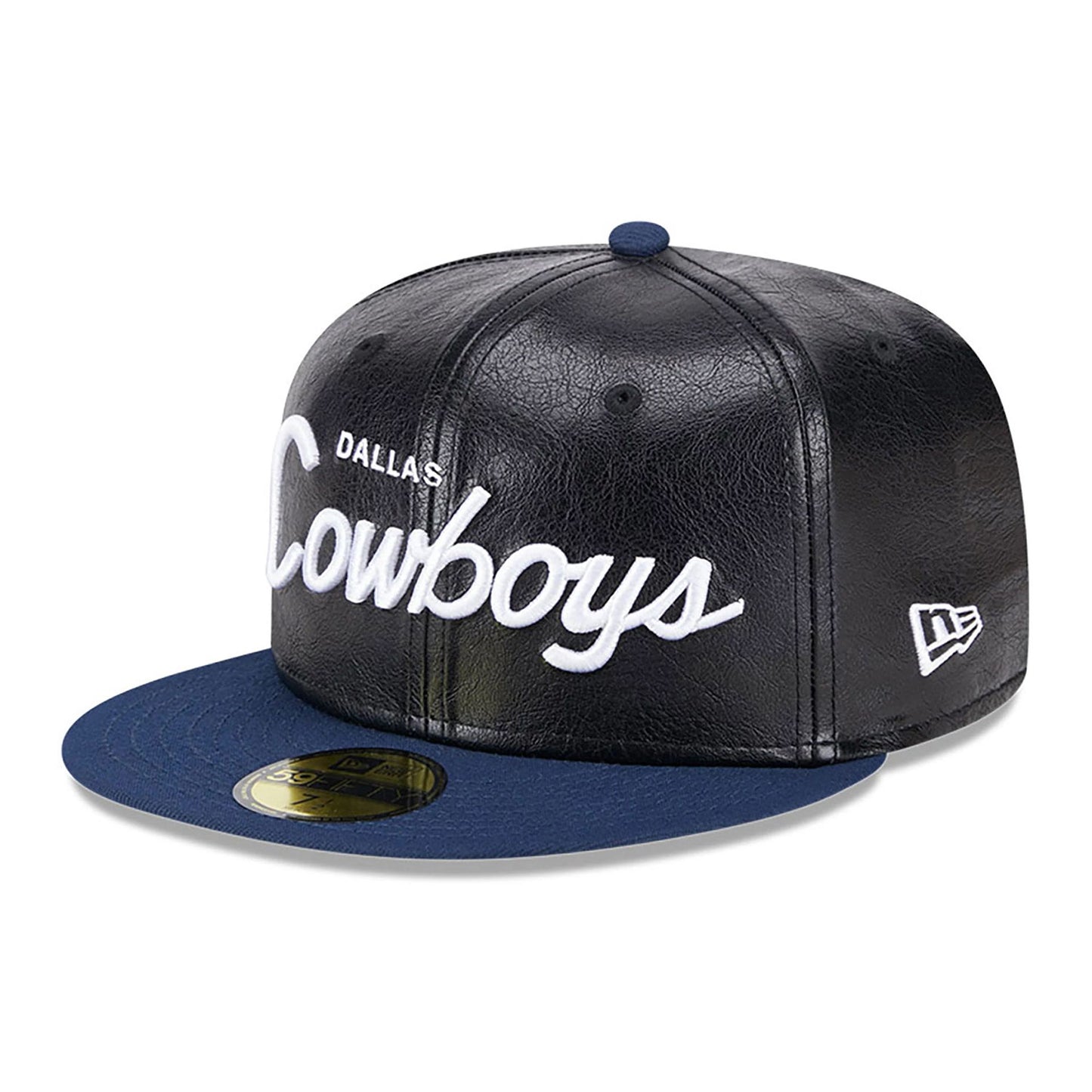 This is a Dallas Cowboys Faux Leather Crown Black 59FIFTY Fitted Cap 1