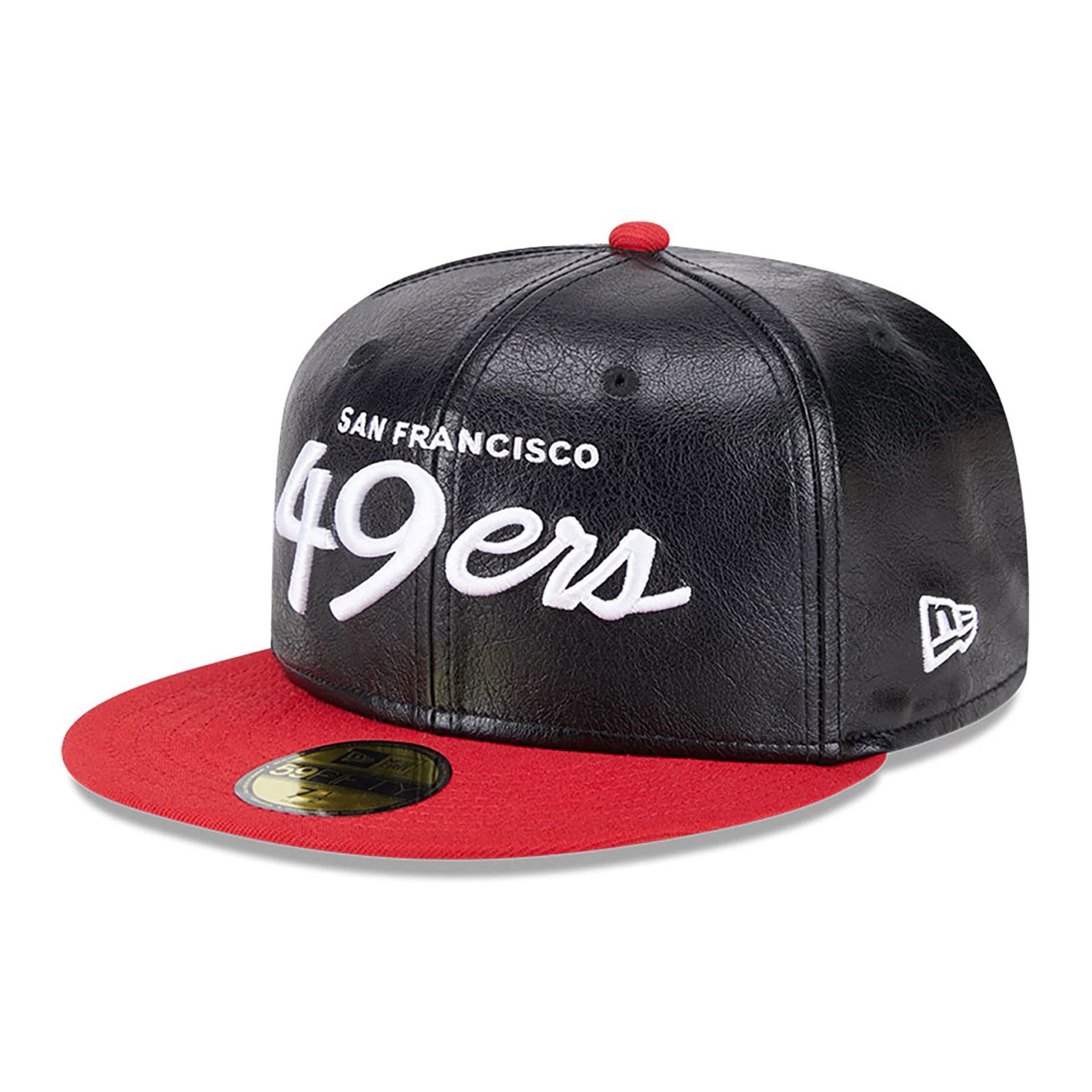 This is a San Francisco 49ers Faux Leather Crown Black 59FIFTY Fitted Cap 1