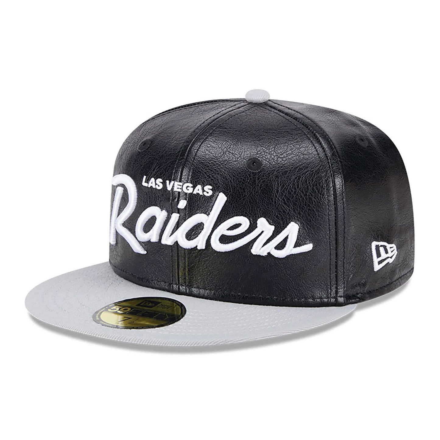 This is a Las Vegas Raiders Faux Leather Crown Black 59FIFTY Fitted Cap 1