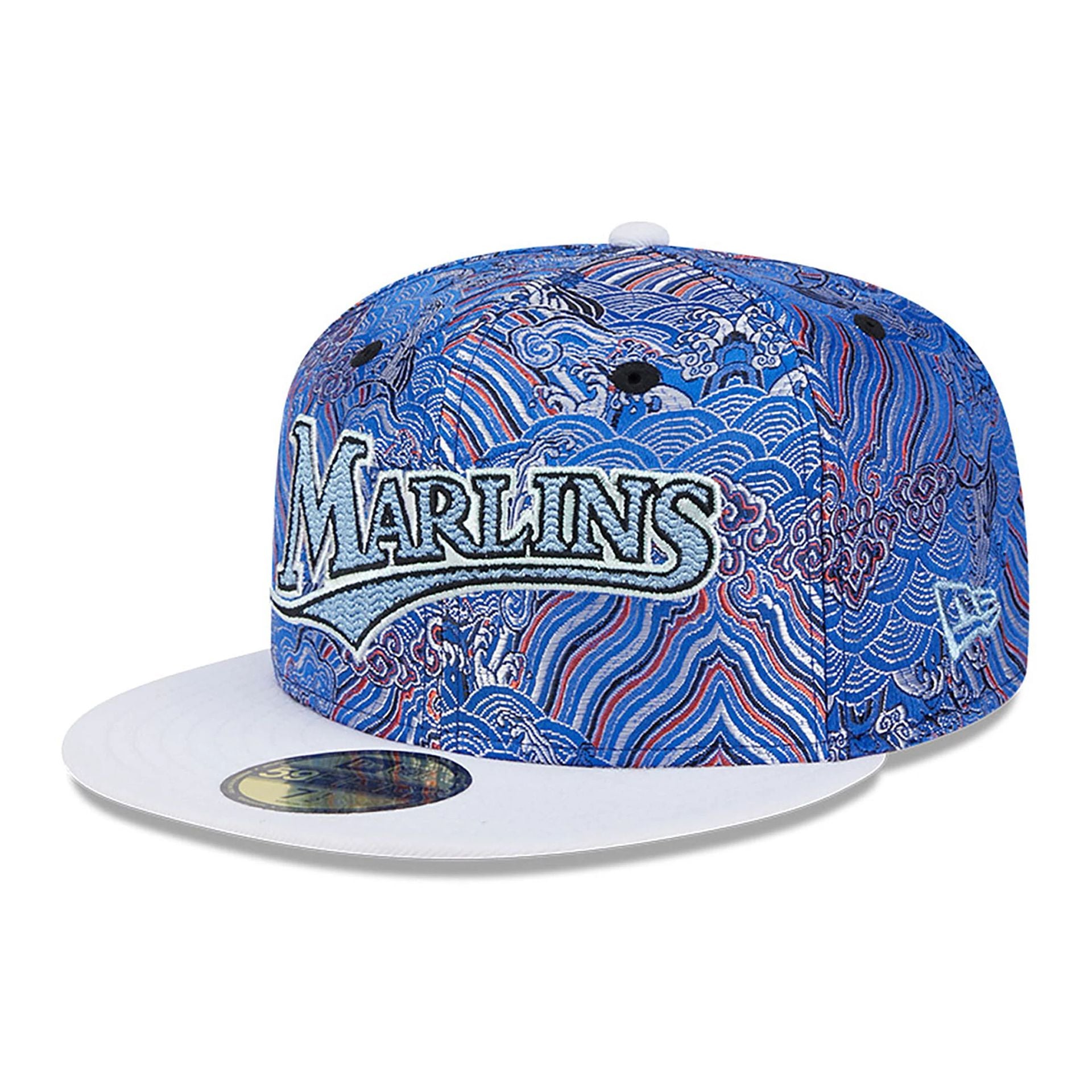 This is a Miami Marlins Wave Fill All Over Print Blue 59FIFTY Fitted Cap 1