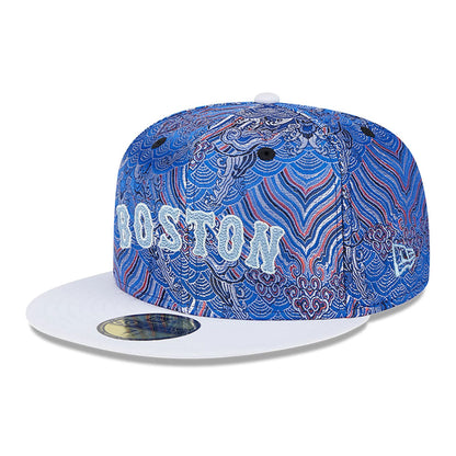 This is a Boston Red Sox Wave Fill All Over Print Blue 59FIFTY Fitted Cap 1