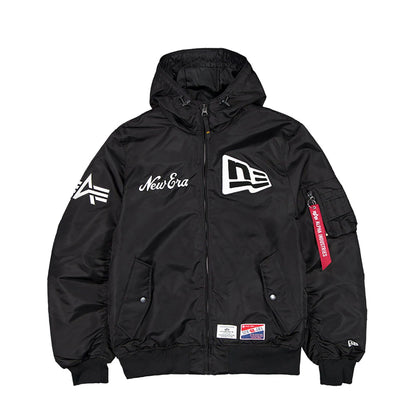 The Male model is wearing New Era x Alpha Industries Black Hooded Bomber Jacket 1