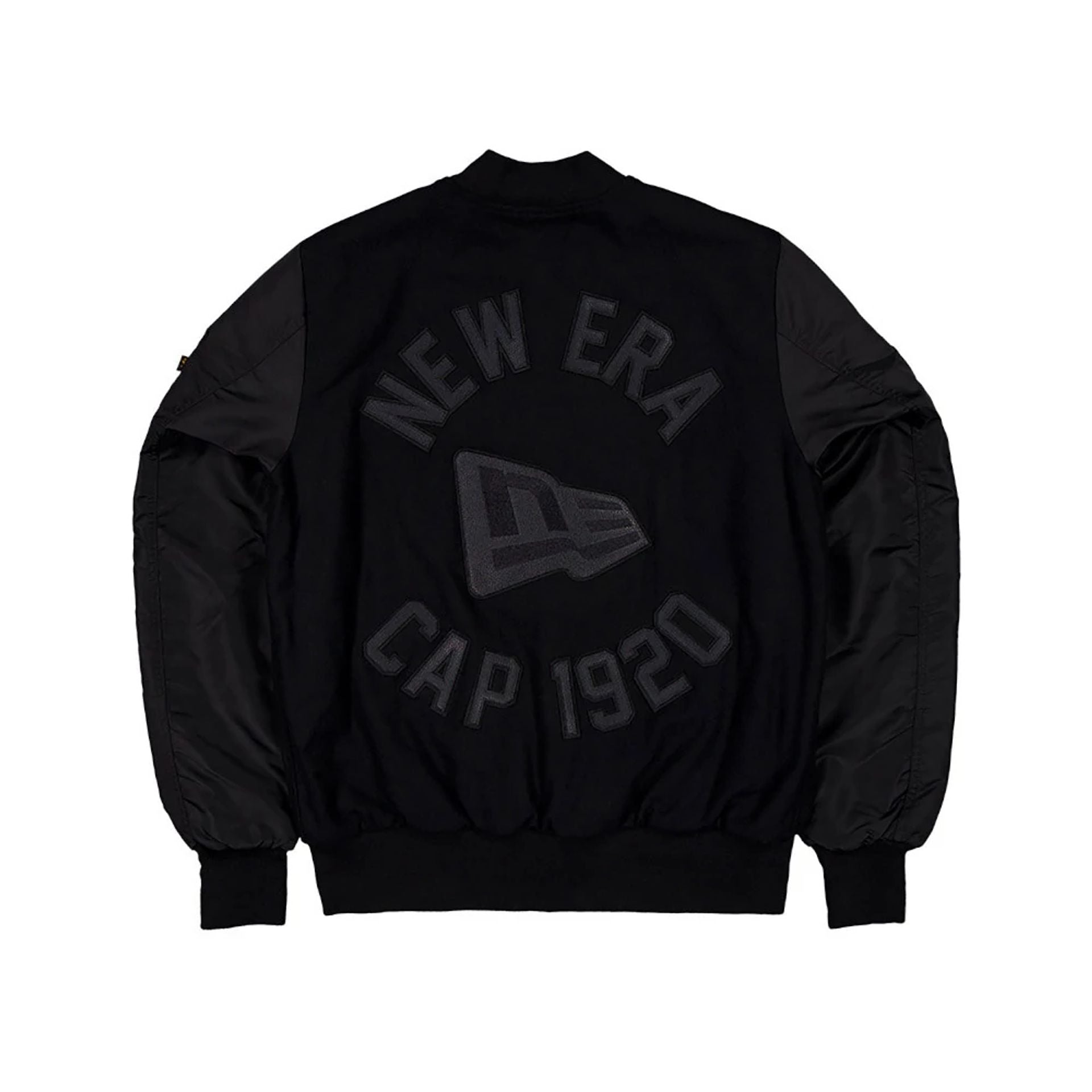 The Male model is wearing New Era x Alpha Industries Black Varsity Jacket 2