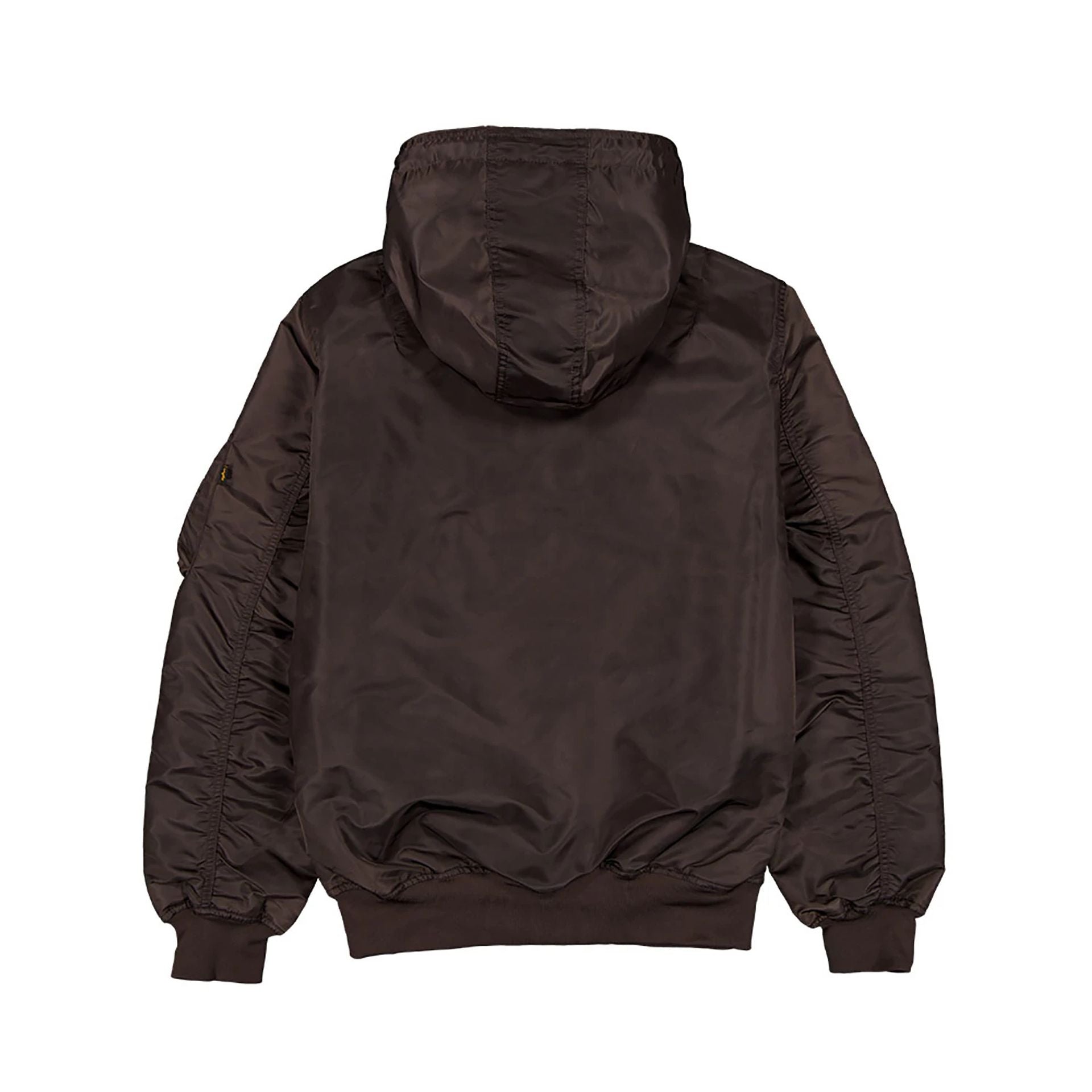 The Male model is wearing New Era x Alpha Industries Dark Brown Hooded Bomber Jacket 2